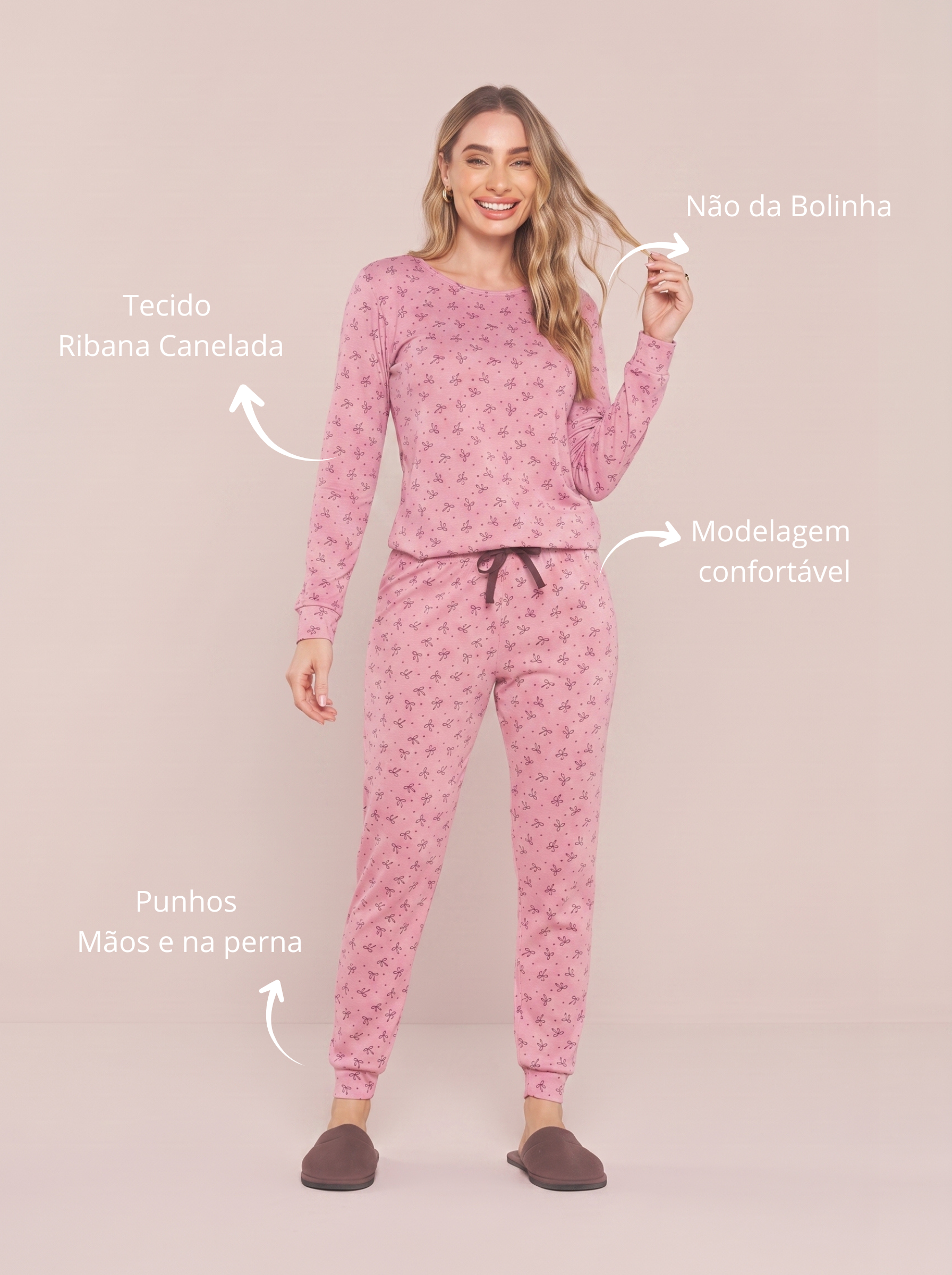Pijama Longo Feminino Ribana Canelada Floral Completo