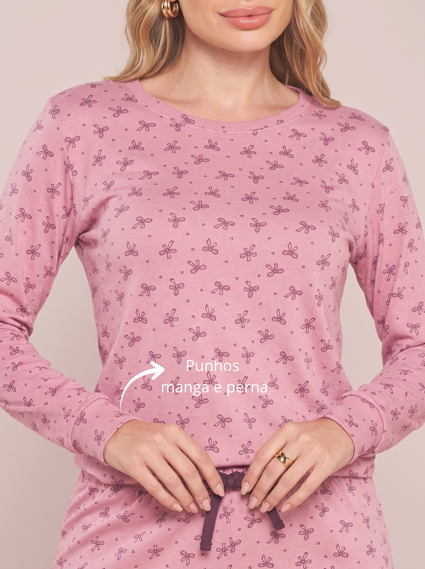 Pijama Longo Feminino Ribana Canelada Floral Completo