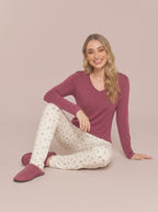 Pijama Longo Feminino Viscolycra Bordo/floral