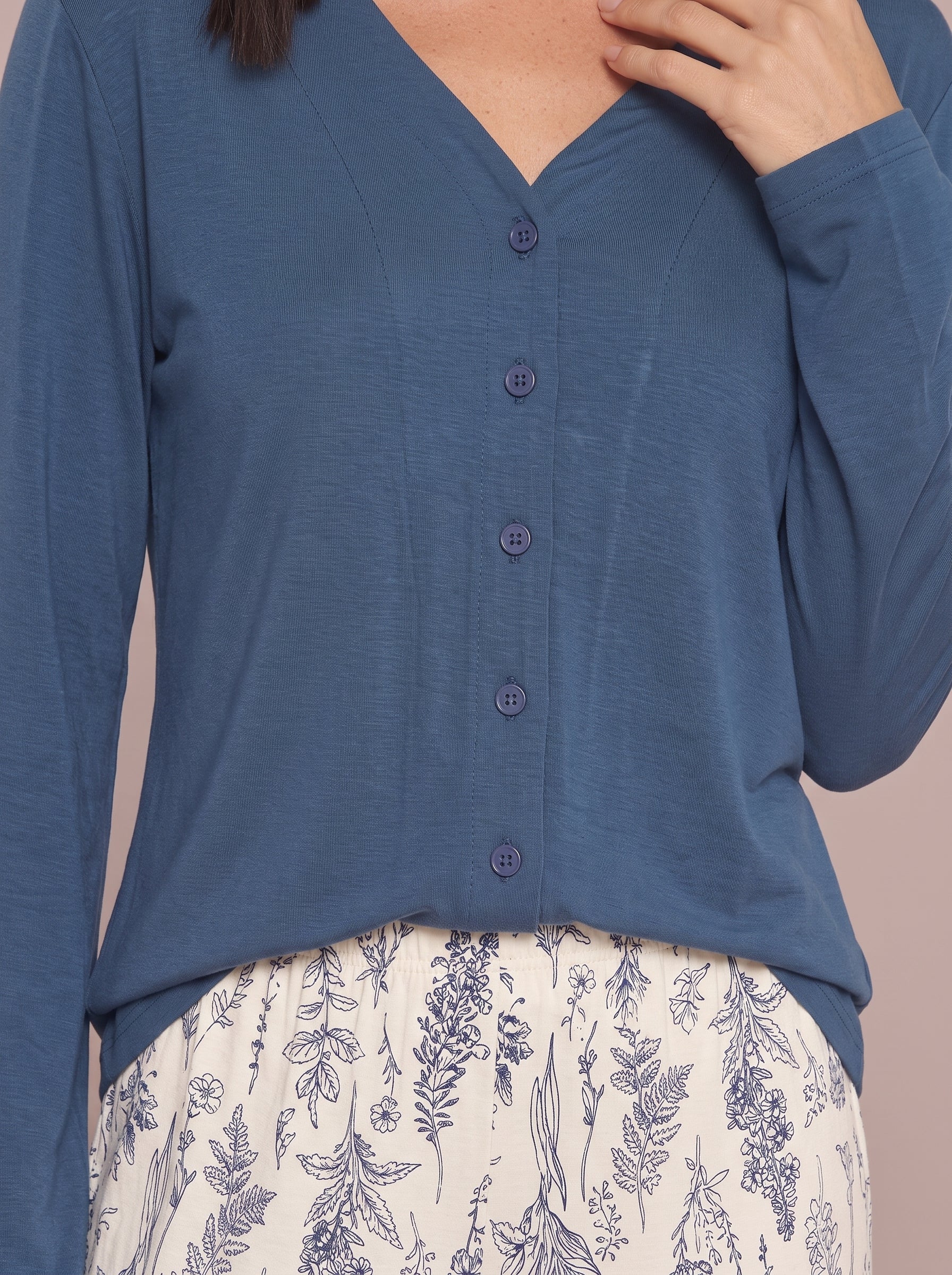 Pijama Longo Camisaria Viscolycra Floral Azul/Off