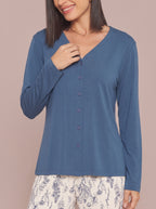 Pijama Longo Camisaria Viscolycra Floral Azul/Off