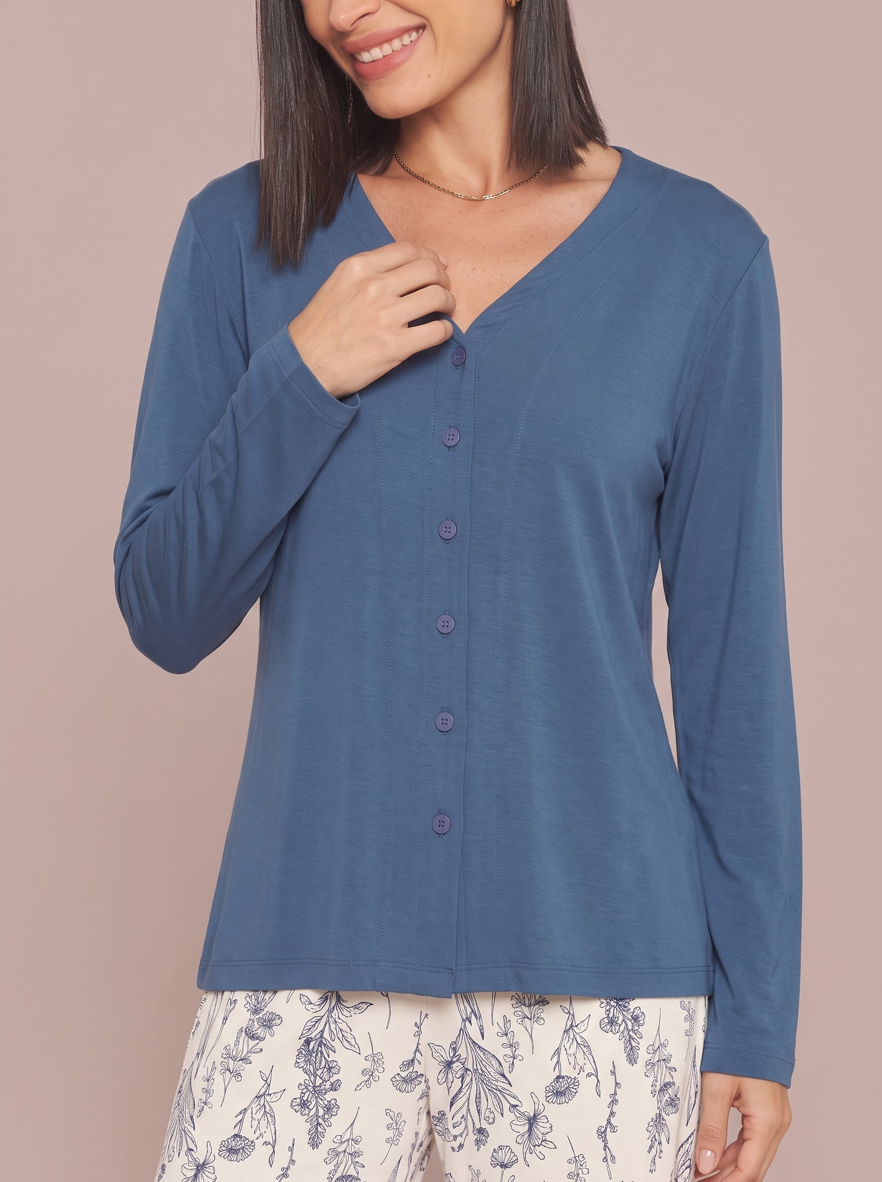 Pijama Longo Camisaria Viscolycra Floral Azul/Off