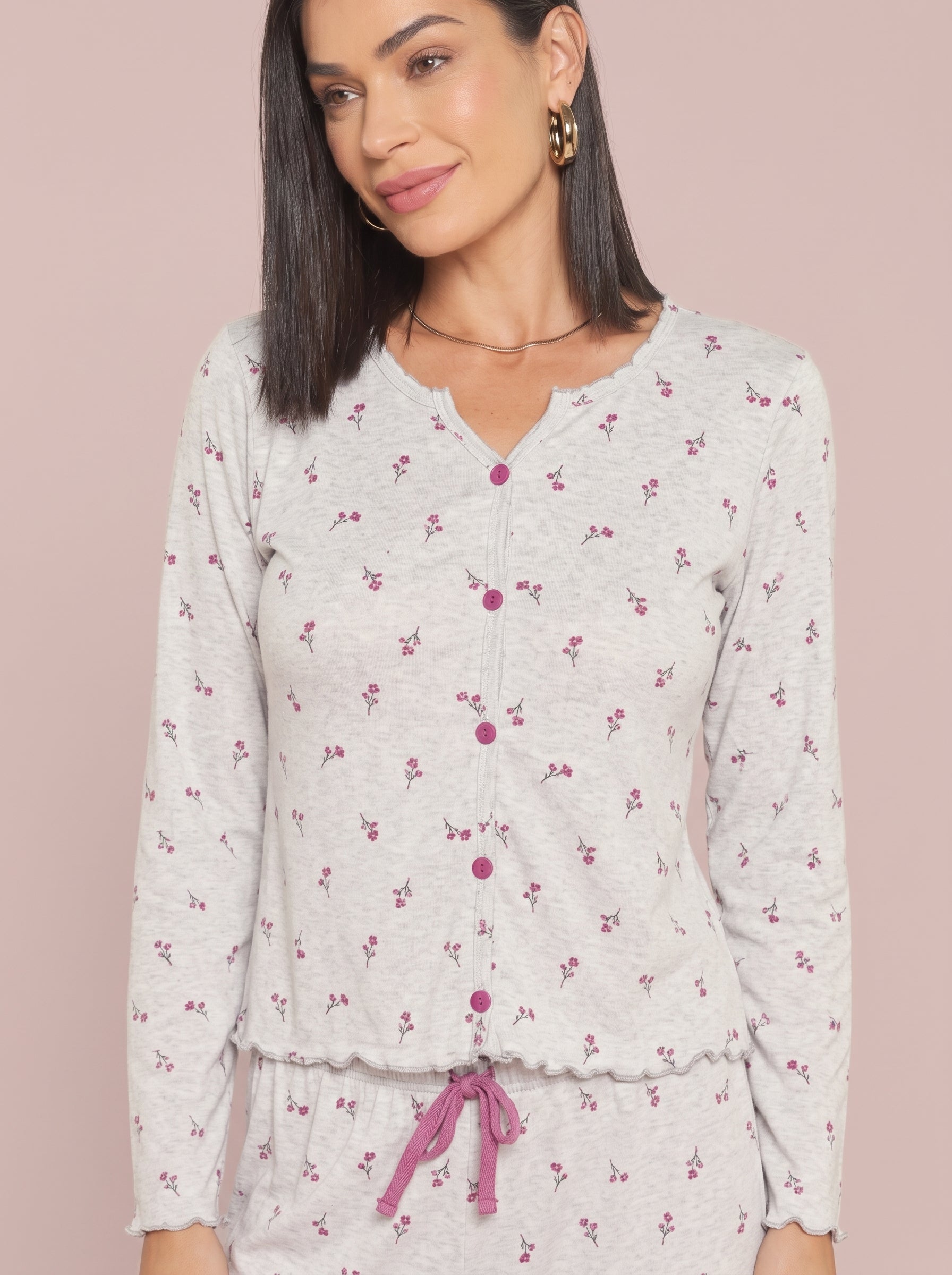 Pijama Longo Feminino Ribana Canelada Floral
