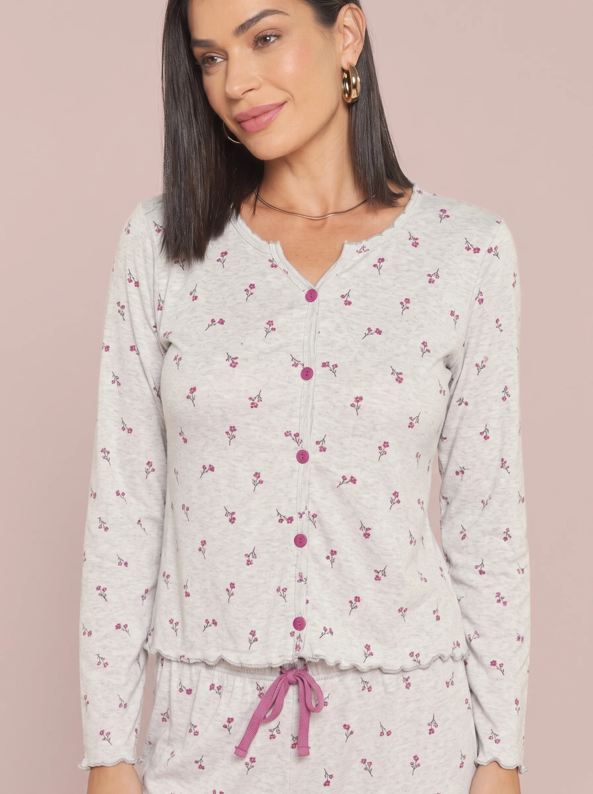Pijama Longo Feminino Ribana Canelada Floral