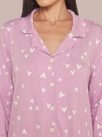 Pijama Longo Camisaria Viscolycra Coração Rosa/Branco