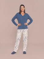 Pijama Longo Camisaria Viscolycra Floral Azul/Off