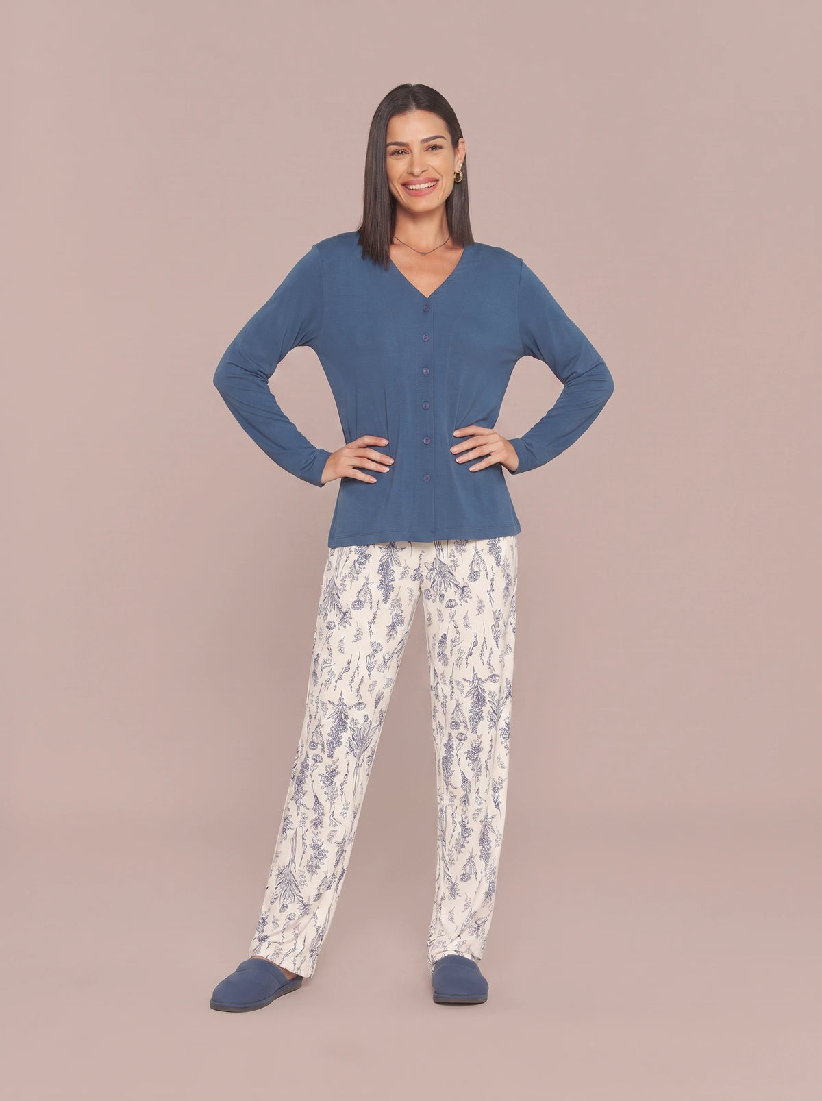 Pijama Longo Camisaria Viscolycra Floral Azul/Off