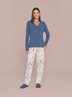 Pijama Longo Camisaria Viscolycra Floral Azul/Off