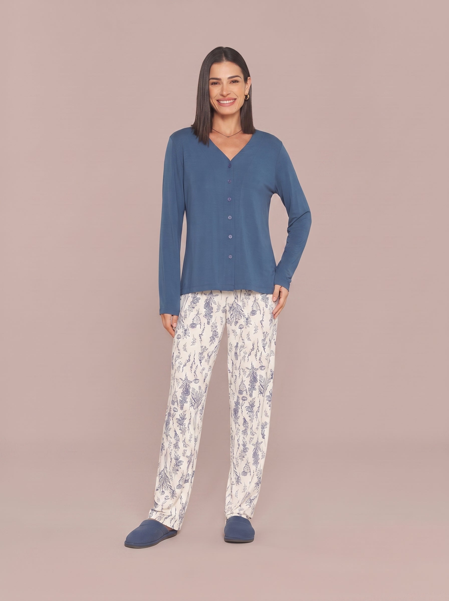 Pijama Longo Camisaria Viscolycra Floral Azul/Off