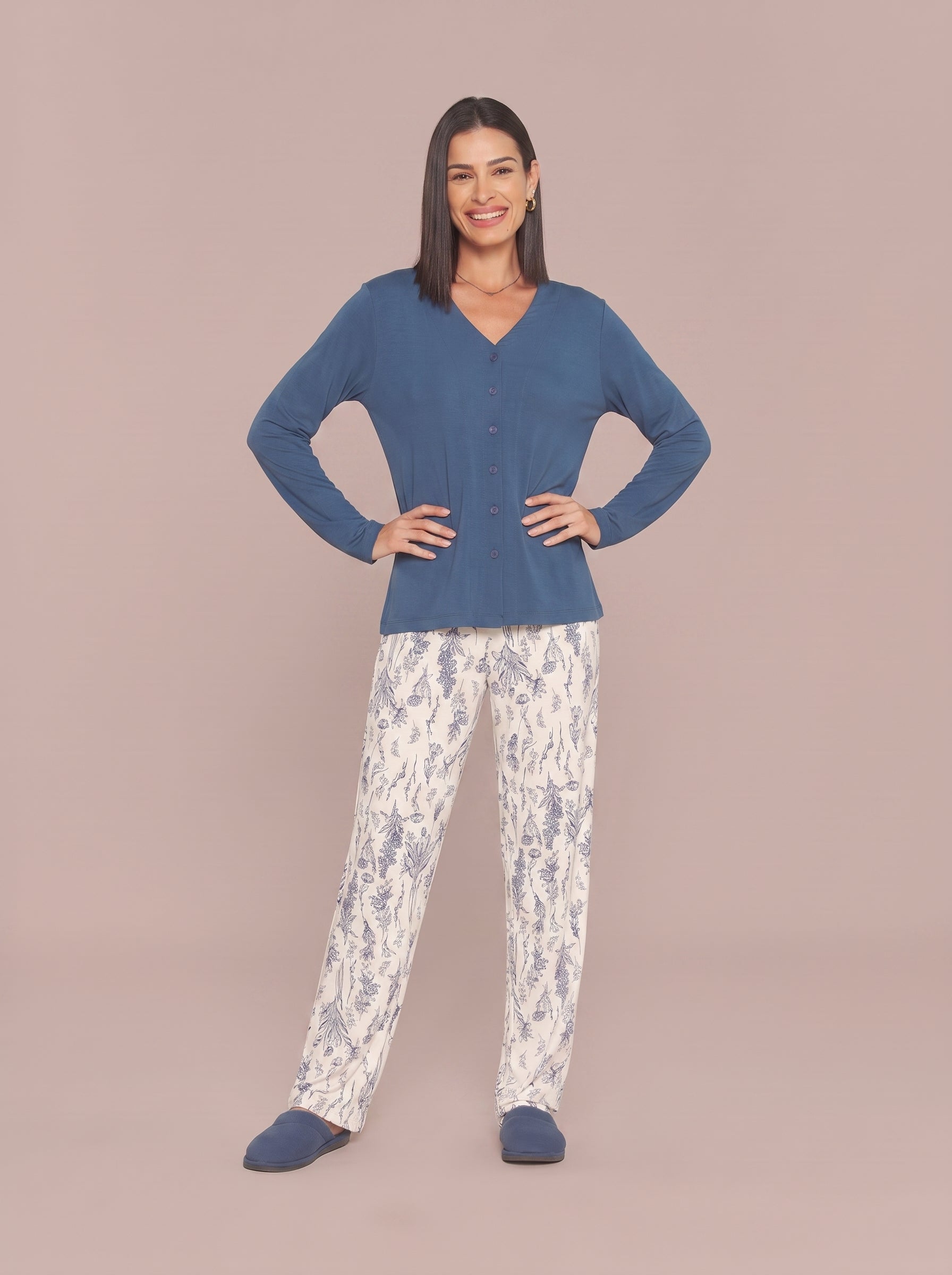 Pijama Longo Camisaria Viscolycra Floral Azul/Off