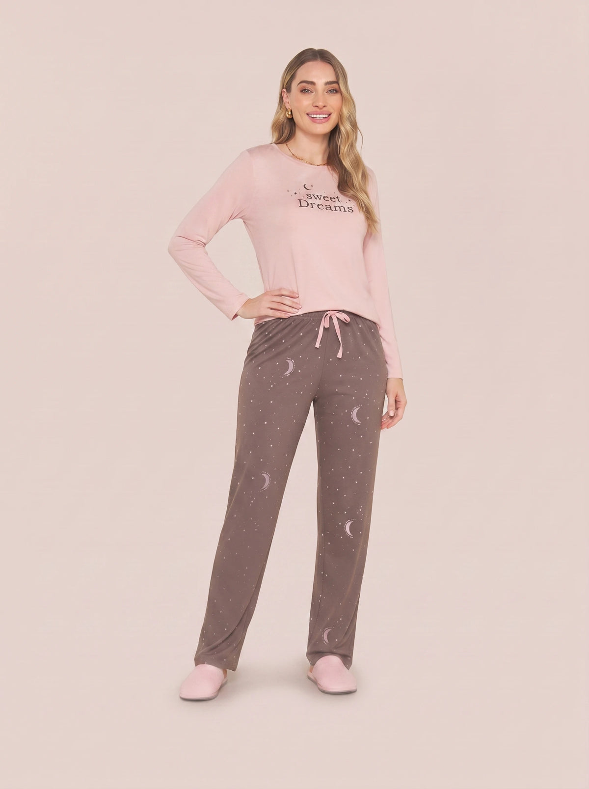 Pijama Longo Feminino Adulto Algodão Luar