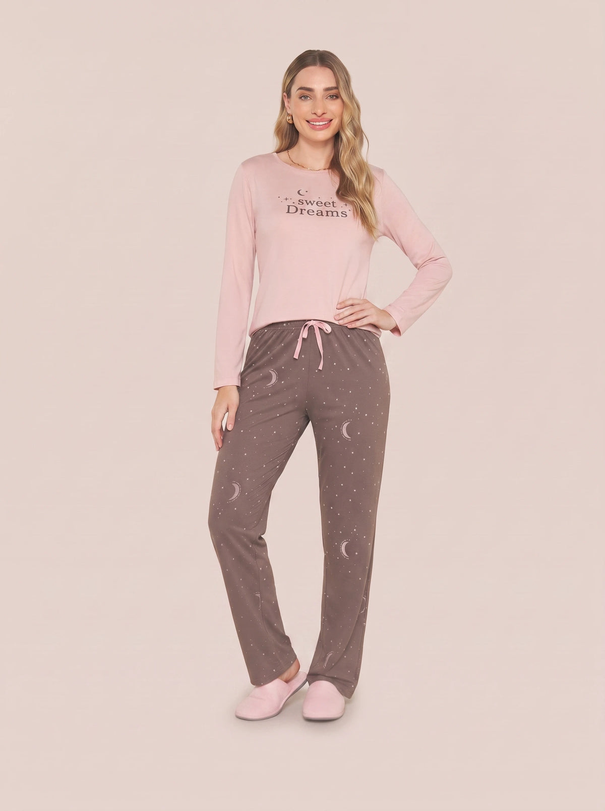 Pijama Longo Feminino Adulto Algodão Luar