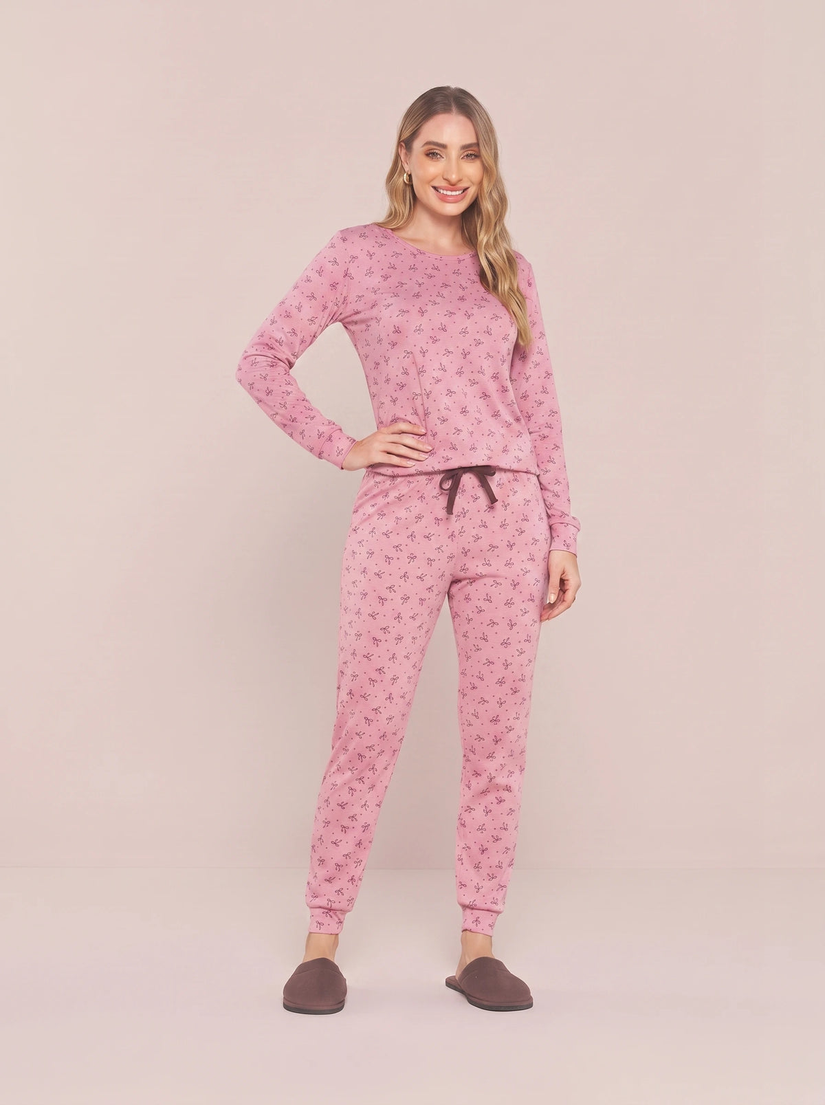 Pijama Longo Feminino Ribana Canelada Floral Completo