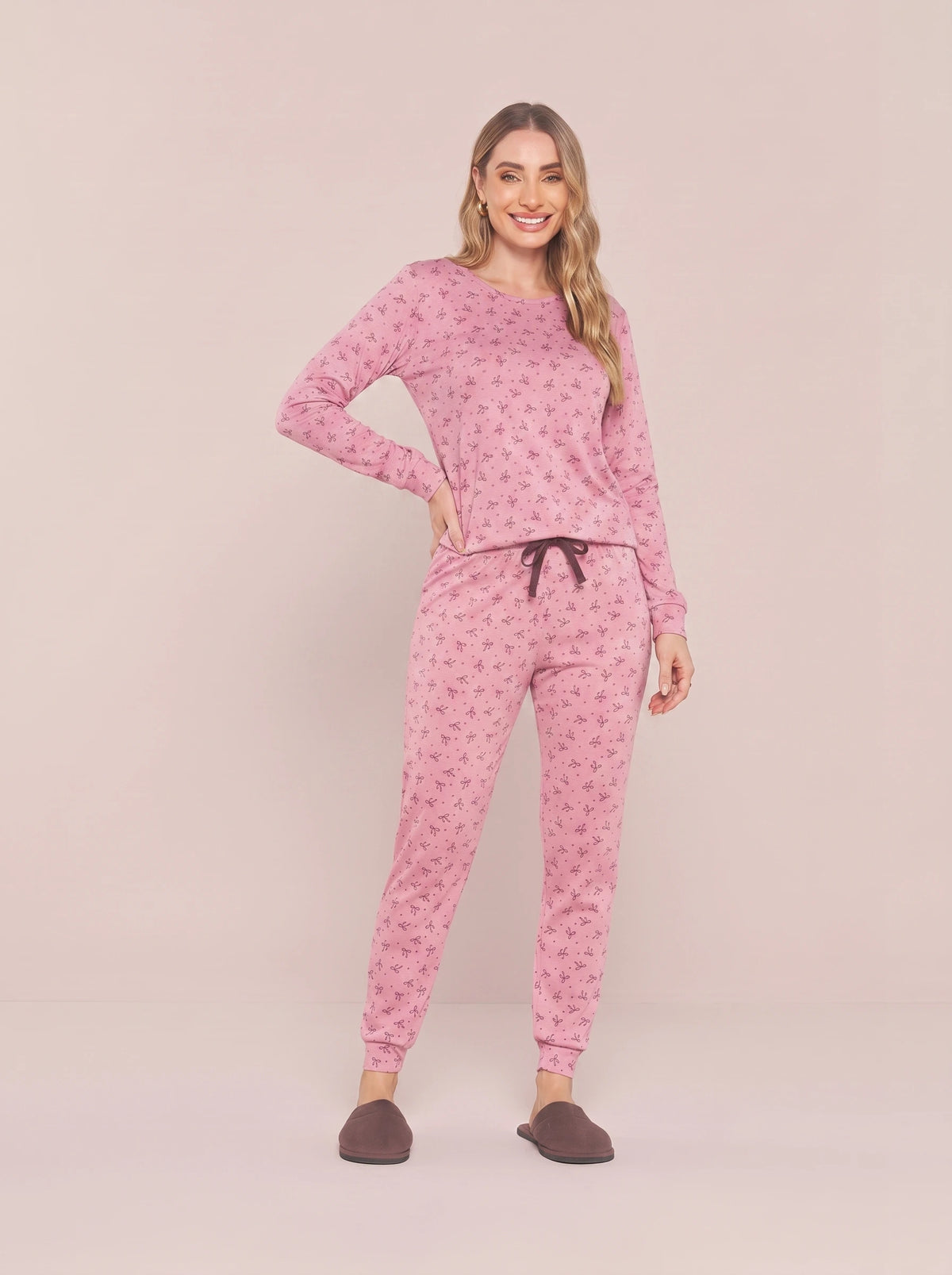 Pijama Longo Feminino Ribana Canelada Floral Completo