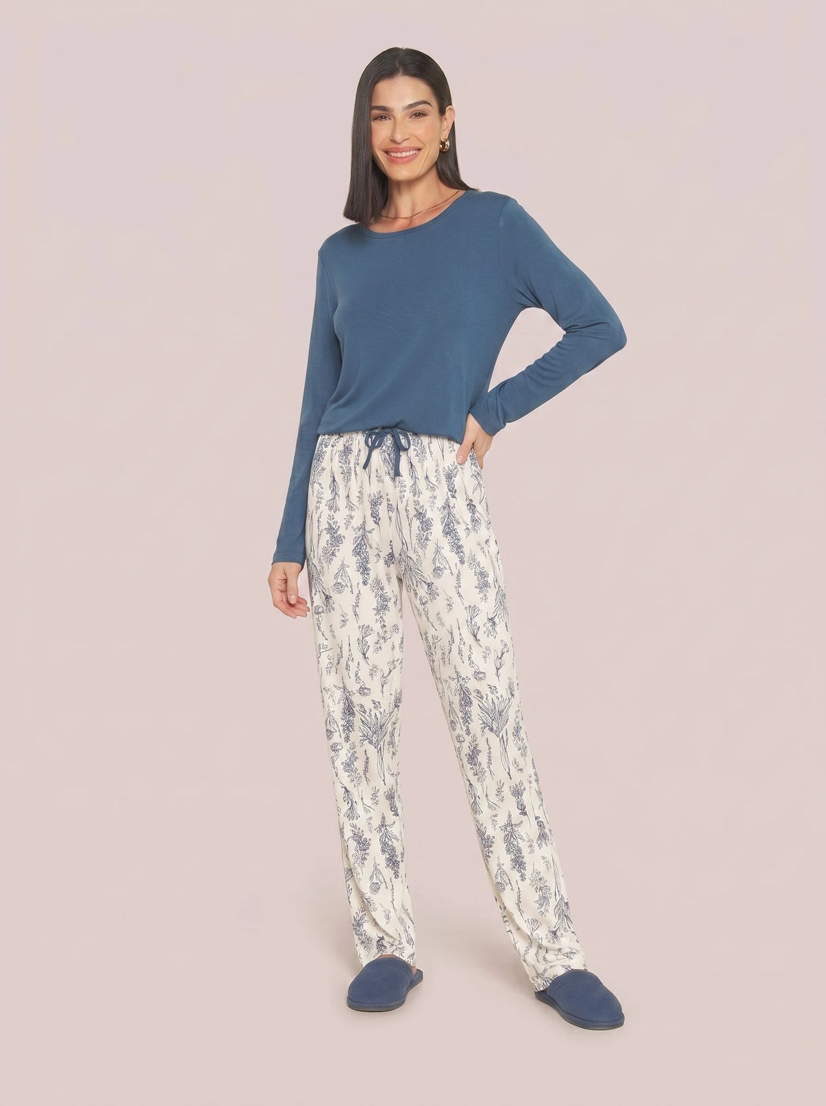 Pijama Longo Viscolycra Floral Azul/Off