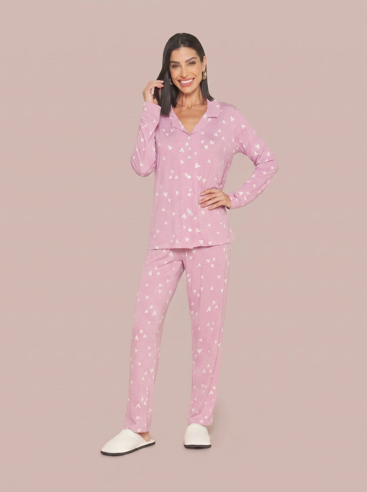 Pijama Longo Camisaria Viscolycra Coração Rosa/Branco