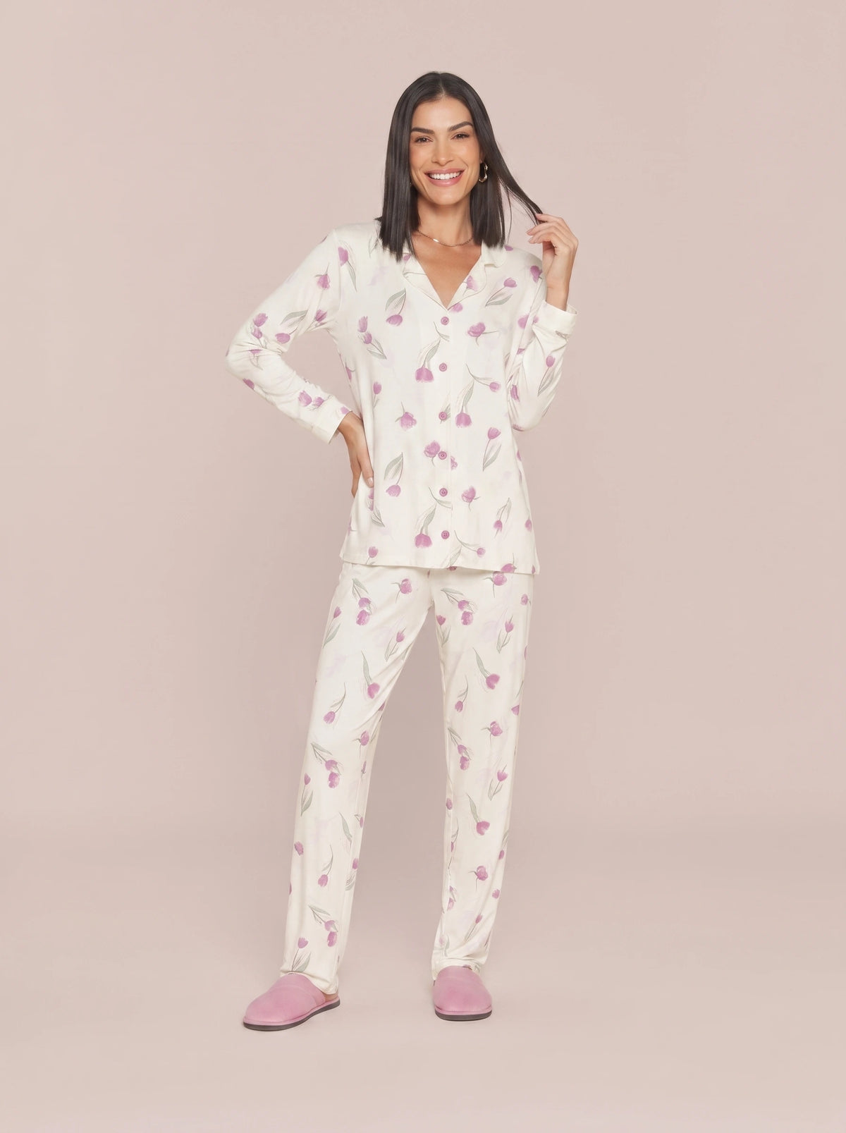 Pijama Feminino Longo Camisaria Floral Viscolycra