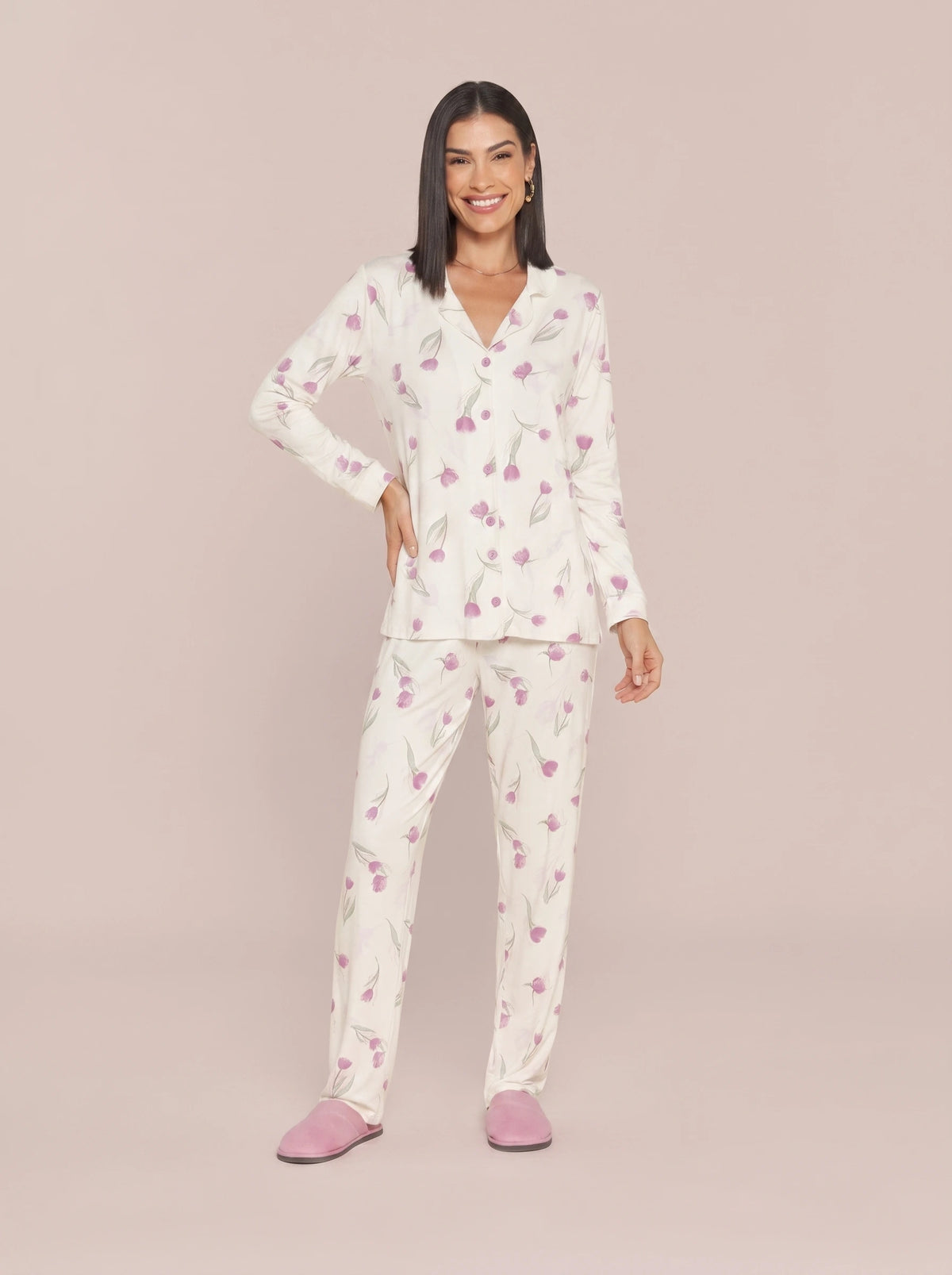 Pijama Feminino Longo Camisaria Floral Viscolycra