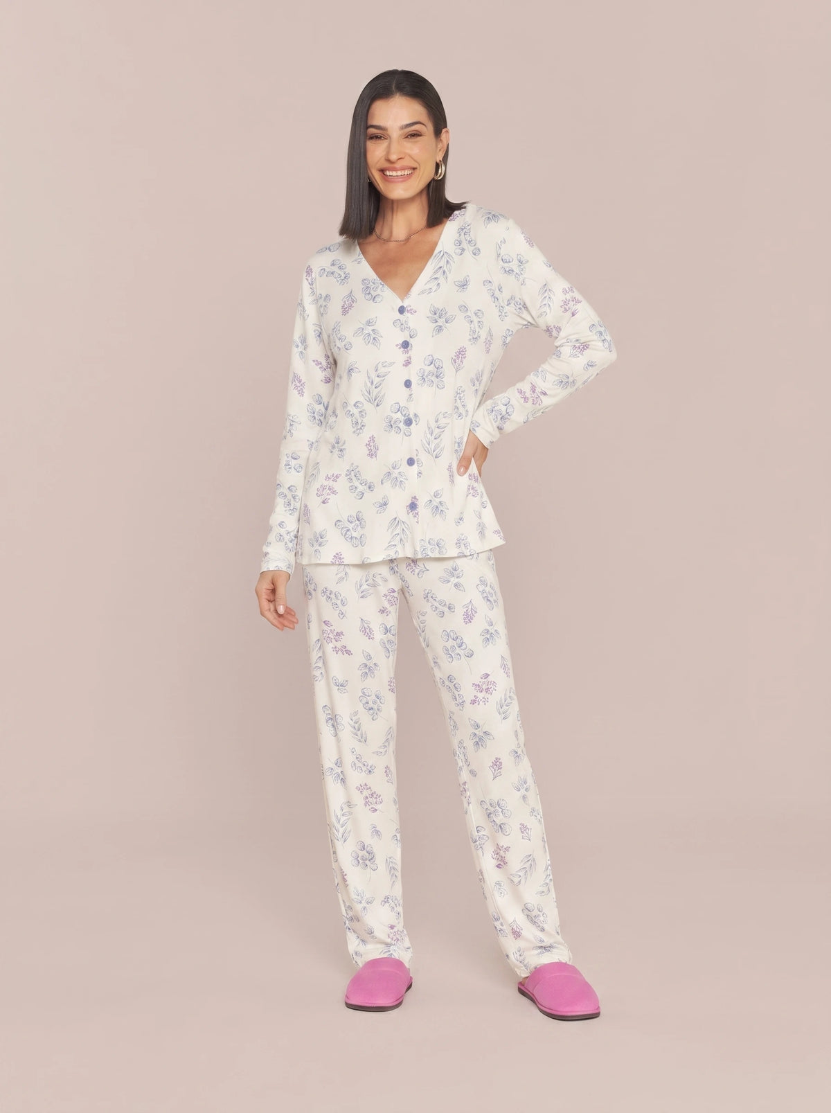 Pijama Longo Camisaria Feminino Viscolycra Floral