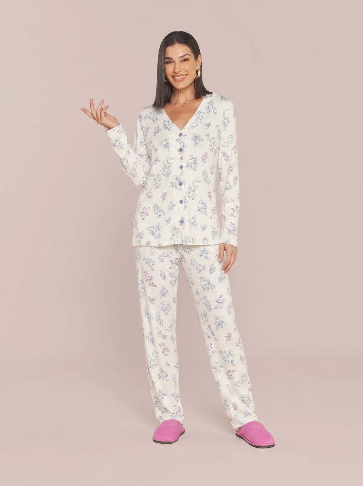 Pijama Longo Camisaria Feminino Viscolycra Floral