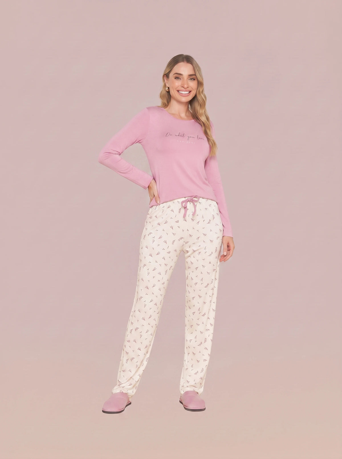 Pijama Longo Feminino Viscolycra Rosa/floral
