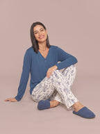 Pijama Longo Camisaria Viscolycra Floral Azul/Off