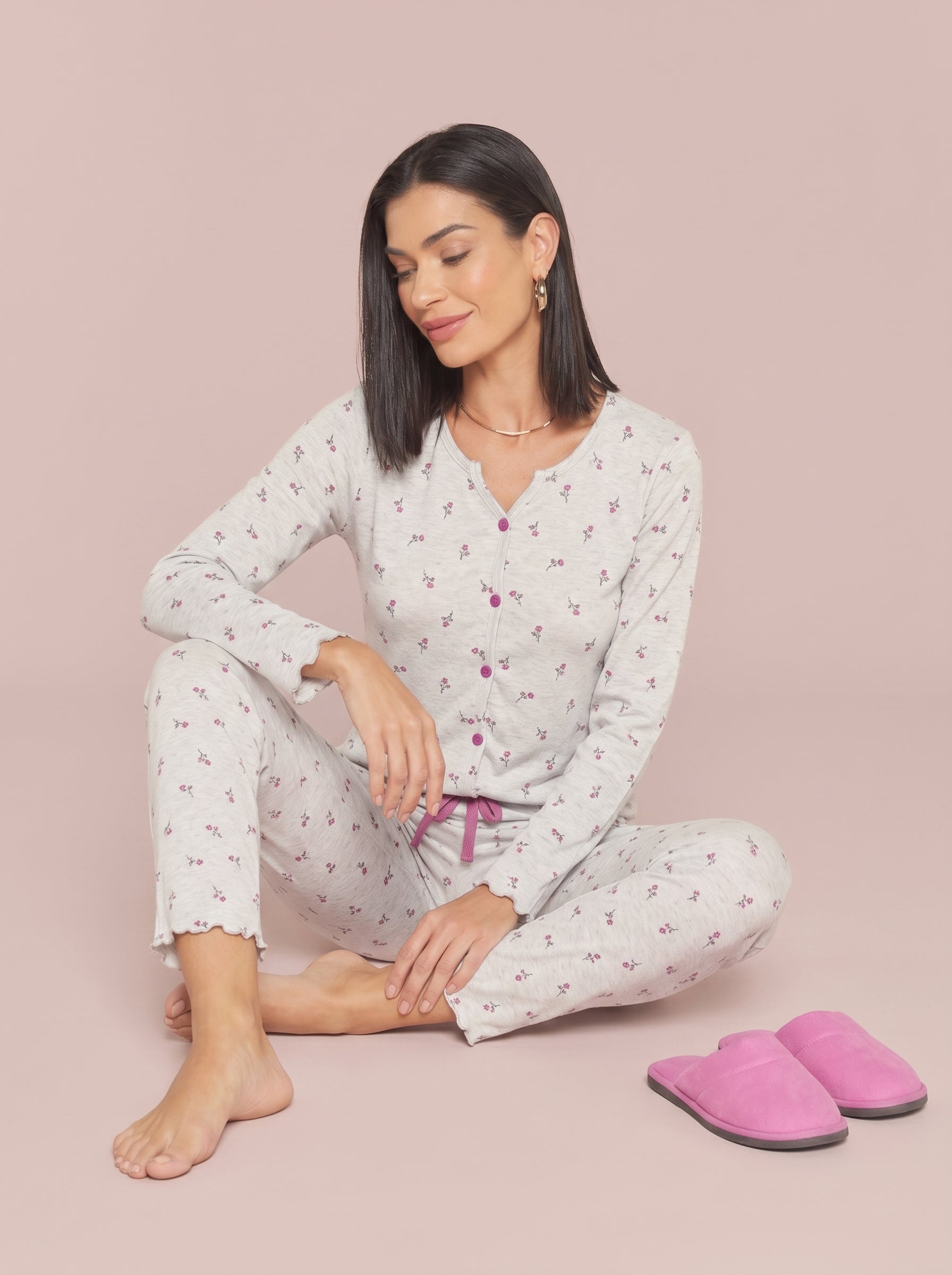 Pijama Longo Feminino Ribana Canelada Floral