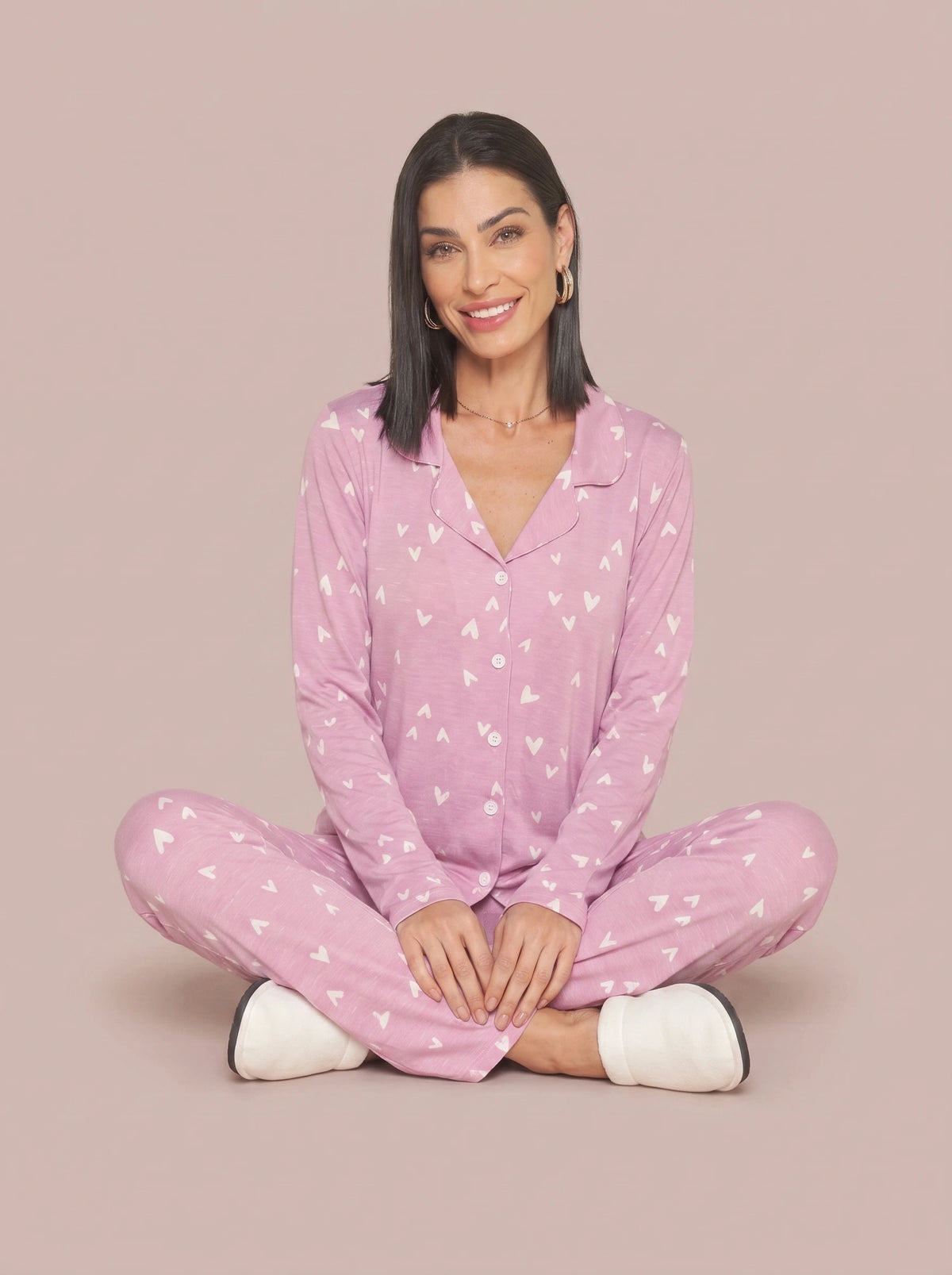 Pijama Longo Camisaria Viscolycra Coração Rosa/Branco