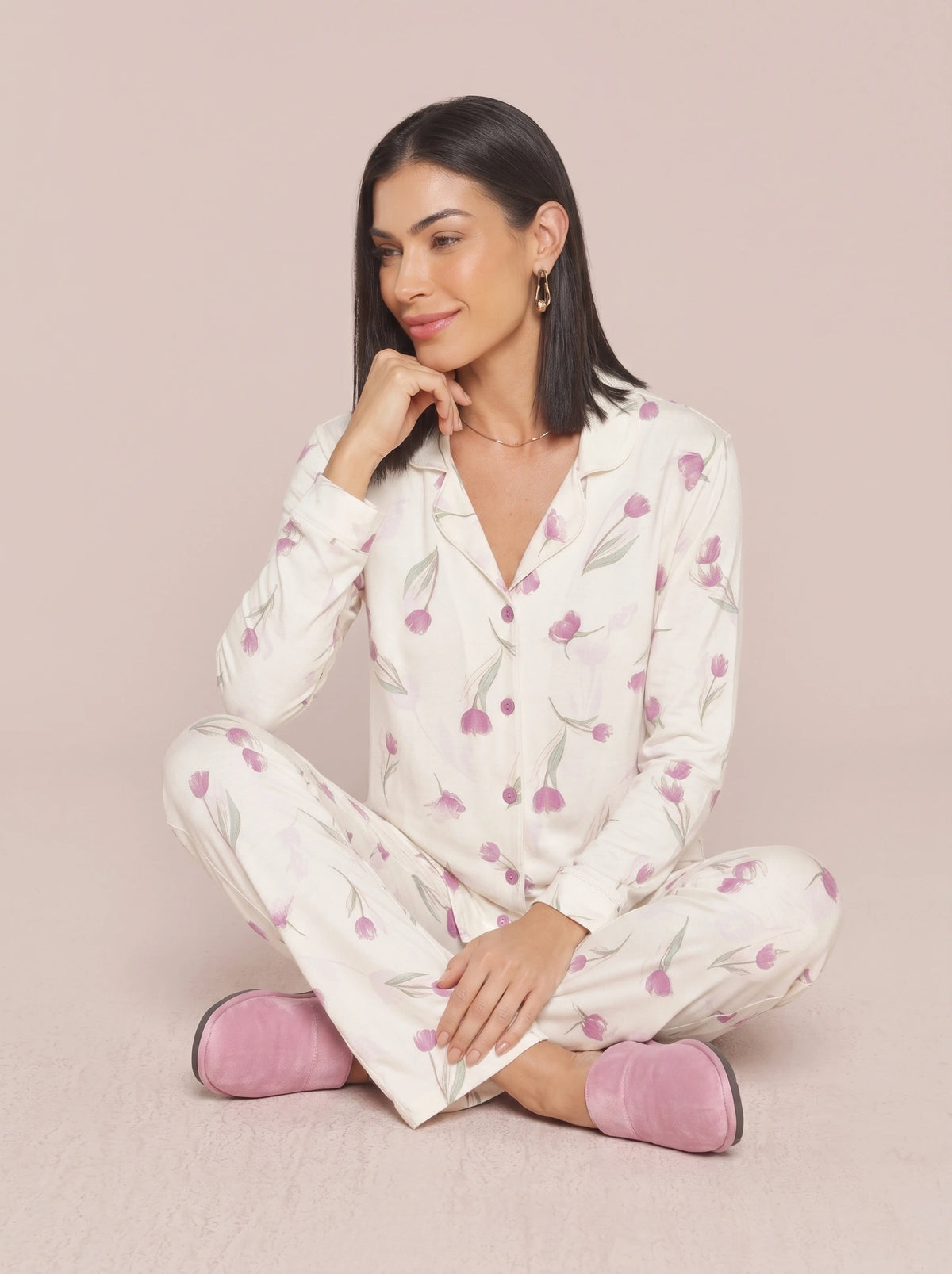 Pijama Feminino Longo Camisaria Floral Viscolycra