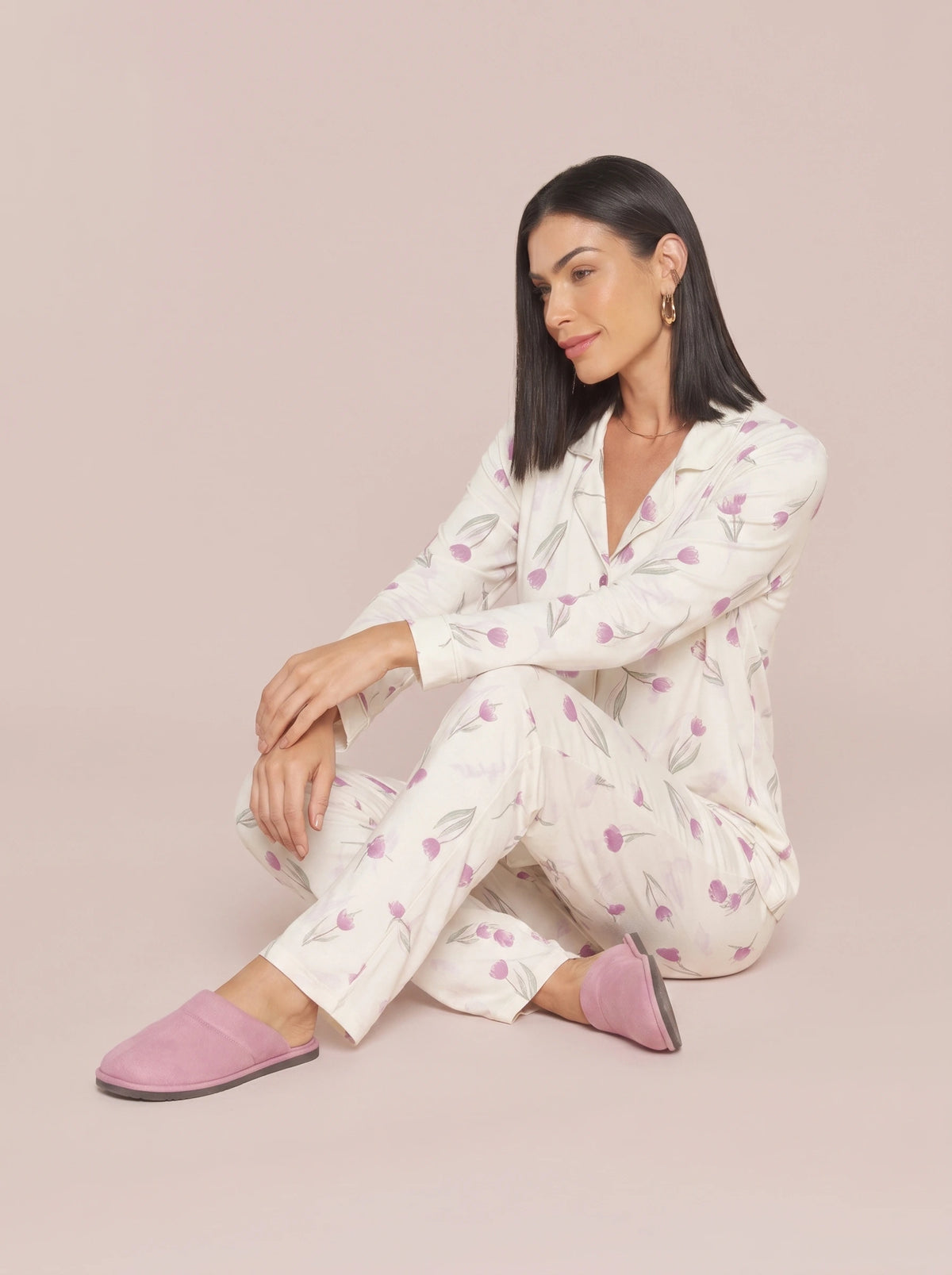 Pijama Feminino Longo Camisaria Floral Viscolycra