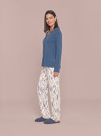 Pijama Longo Camisaria Viscolycra Floral Azul/Off
