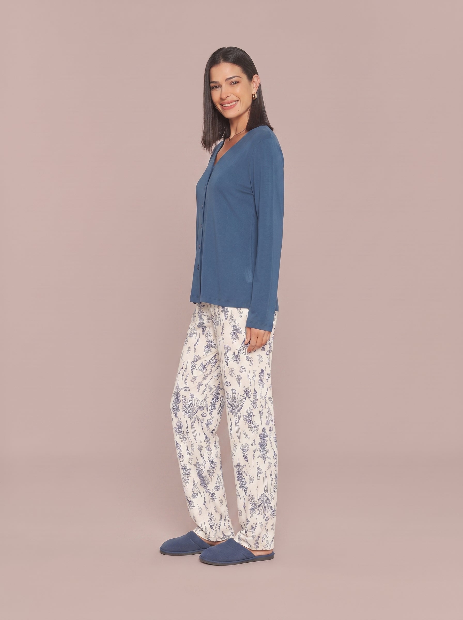 Pijama Longo Camisaria Viscolycra Floral Azul/Off