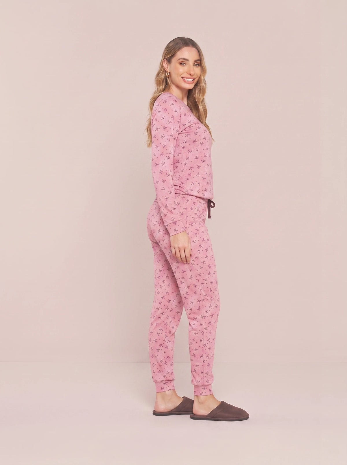 Pijama Longo Feminino Ribana Canelada Floral Completo
