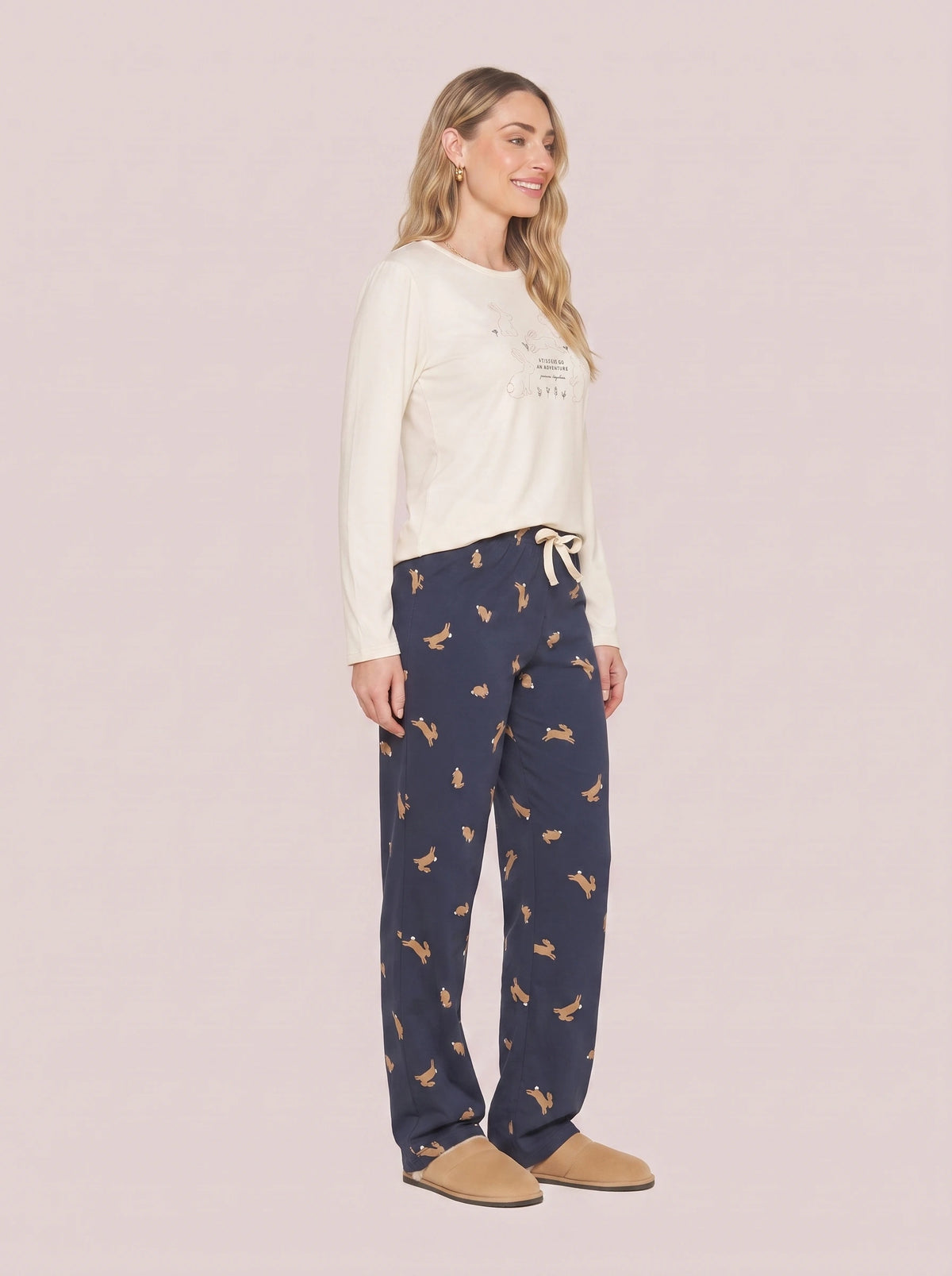 Pijama Longo Malha Peletizada Azul/Off