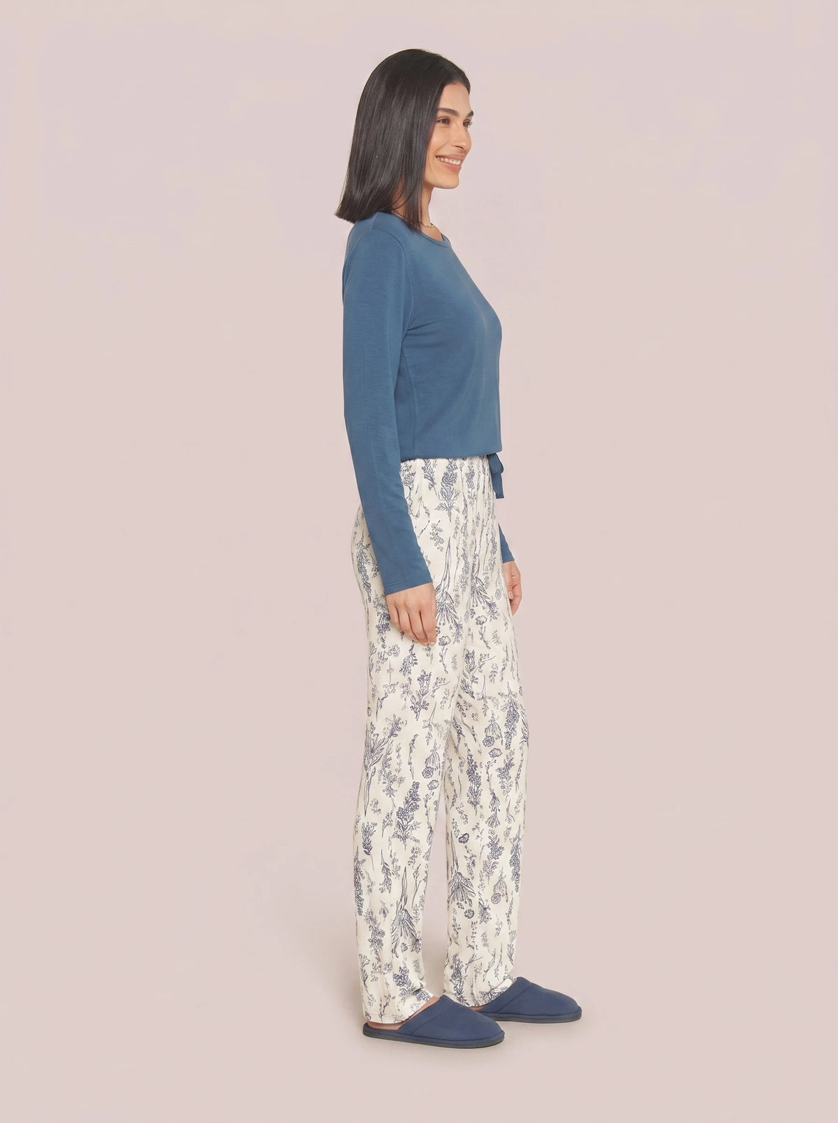 Pijama Longo Viscolycra Floral Azul/Off