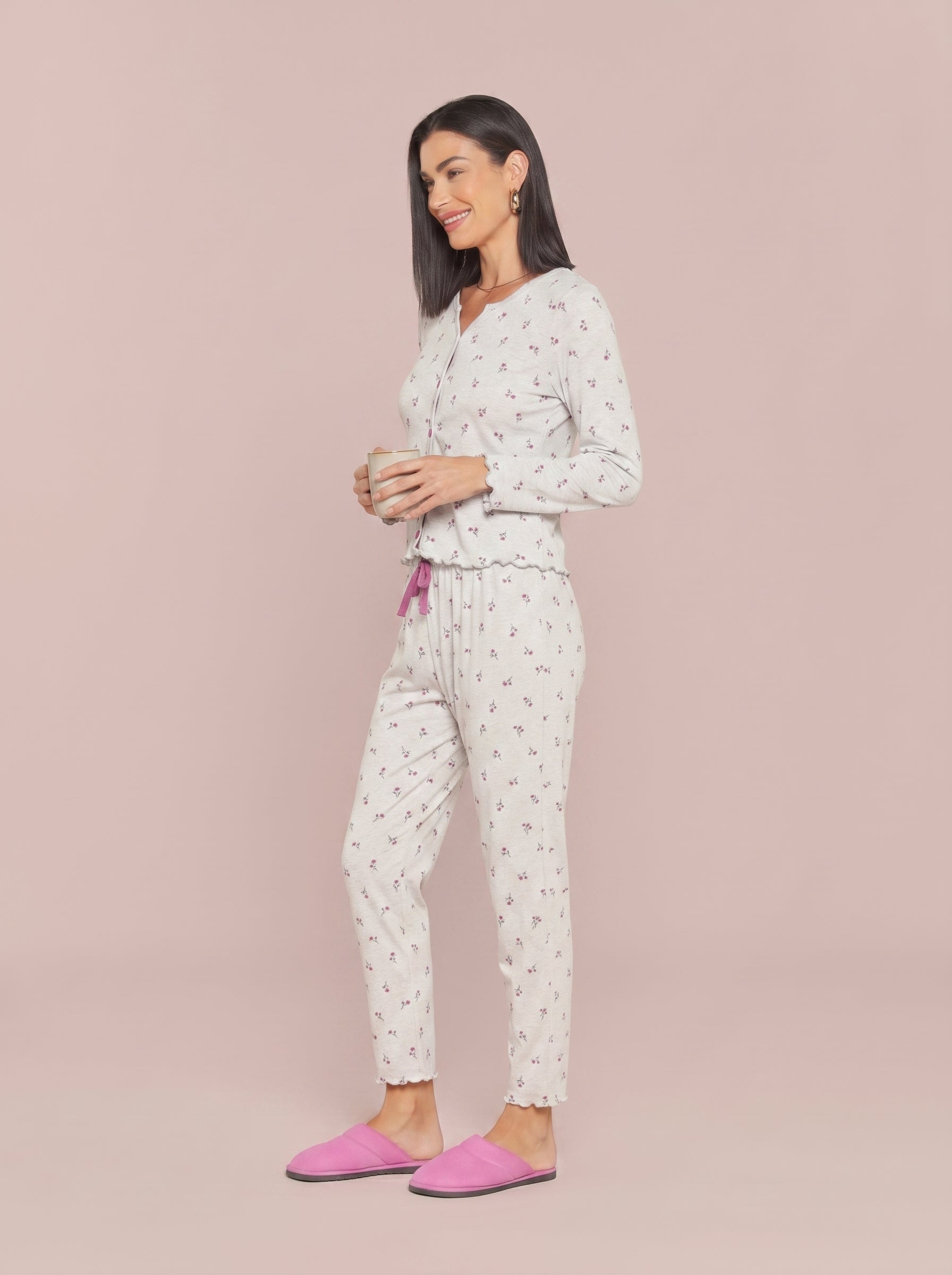 Pijama Longo Feminino Ribana Canelada Floral