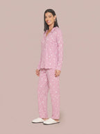 Pijama Longo Camisaria Viscolycra Coração Rosa/Branco