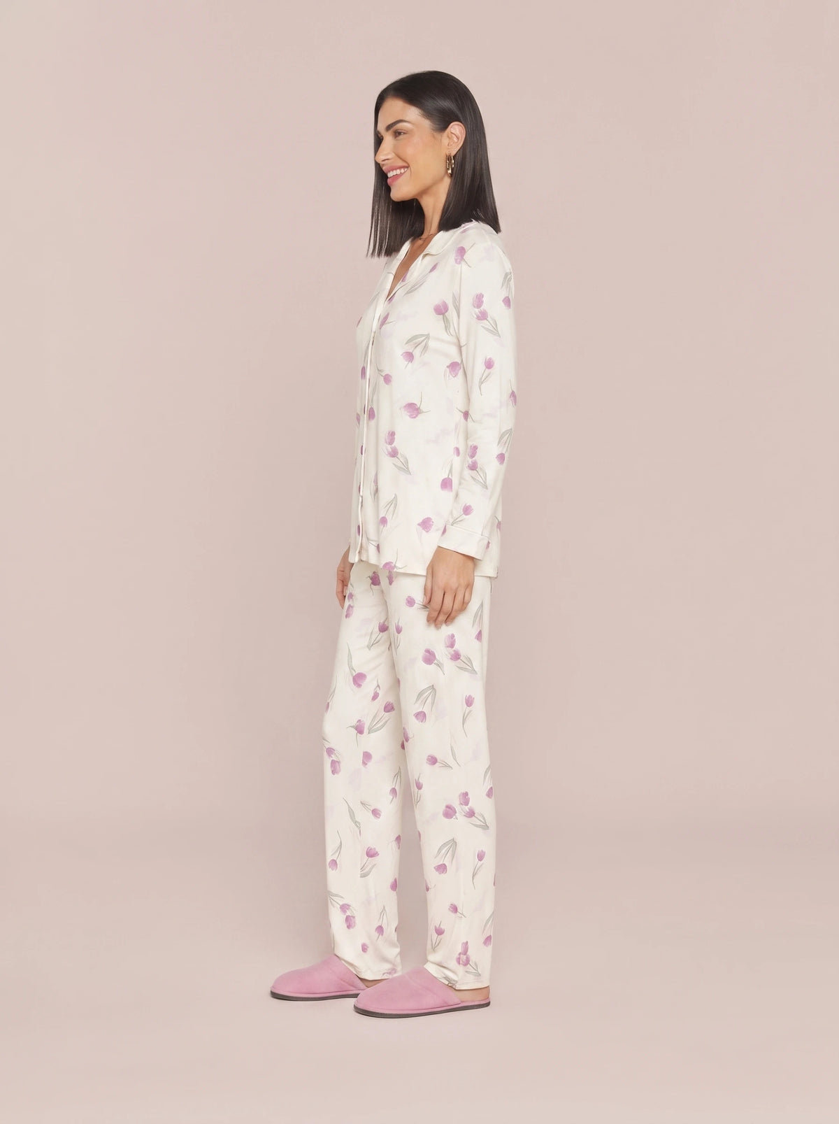 Pijama Feminino Longo Camisaria Floral Viscolycra
