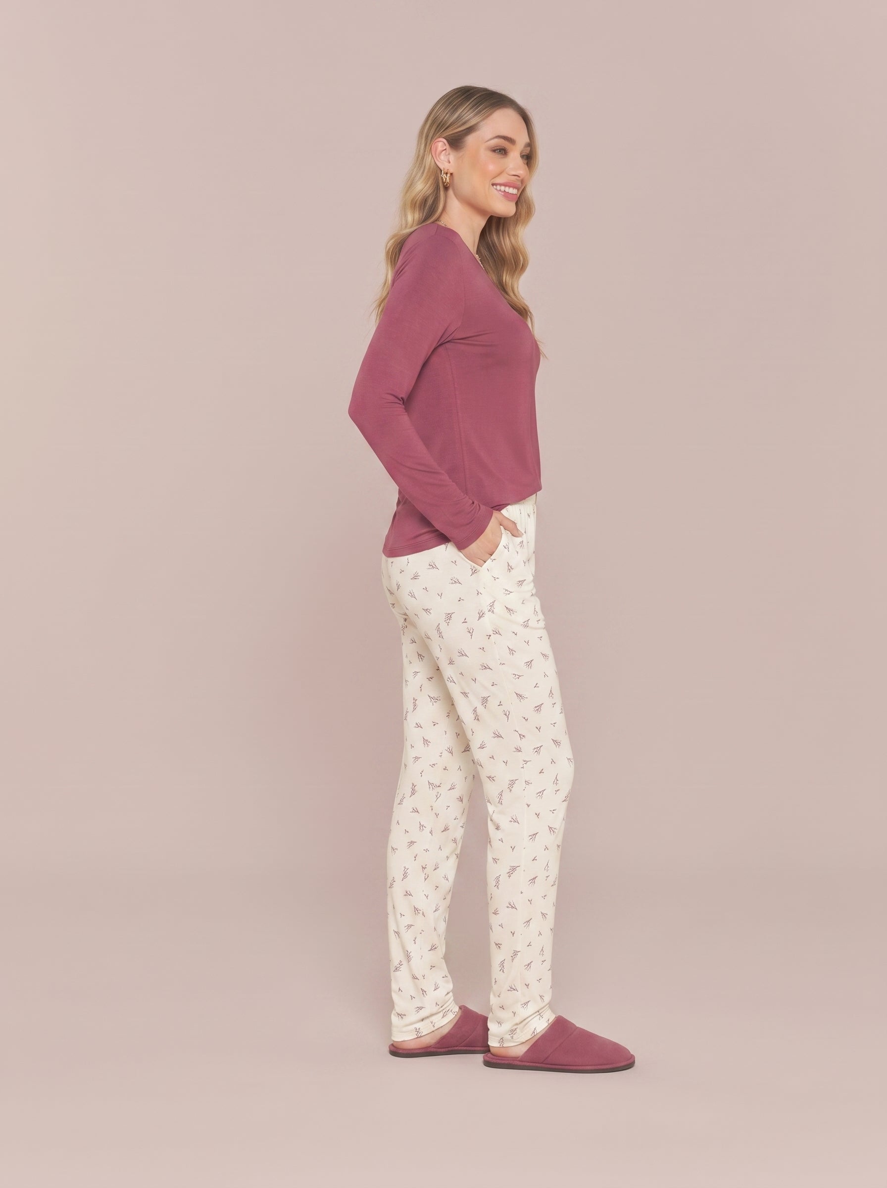 Pijama Longo Feminino Viscolycra Bordo/floral