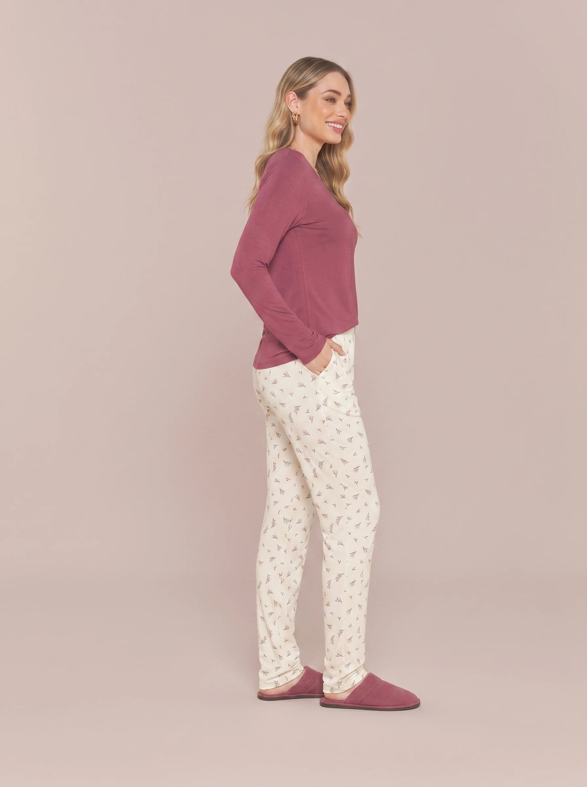 Pijama Longo Feminino Viscolycra Bordo/floral