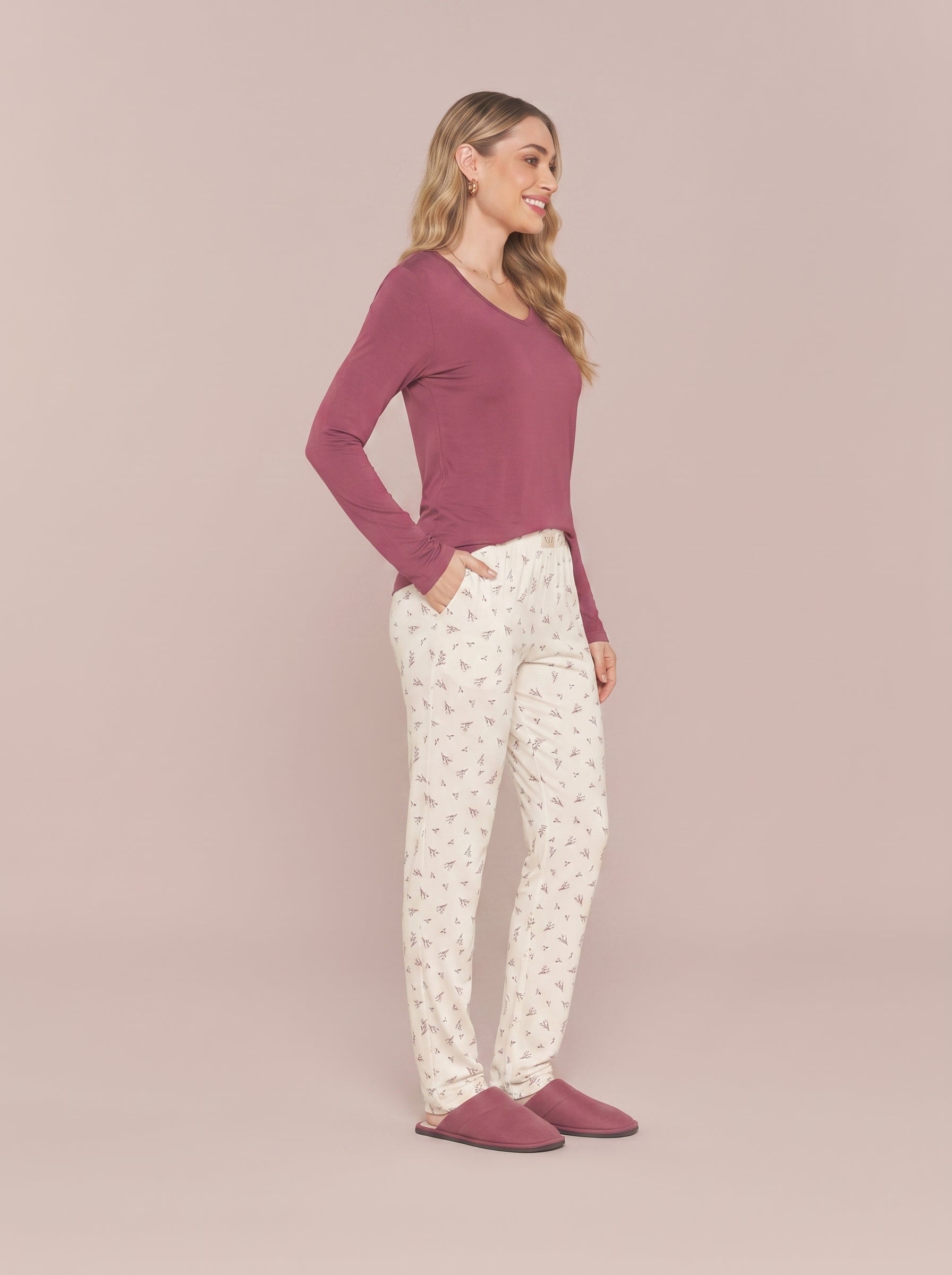 Pijama Longo Feminino Viscolycra Bordo/floral