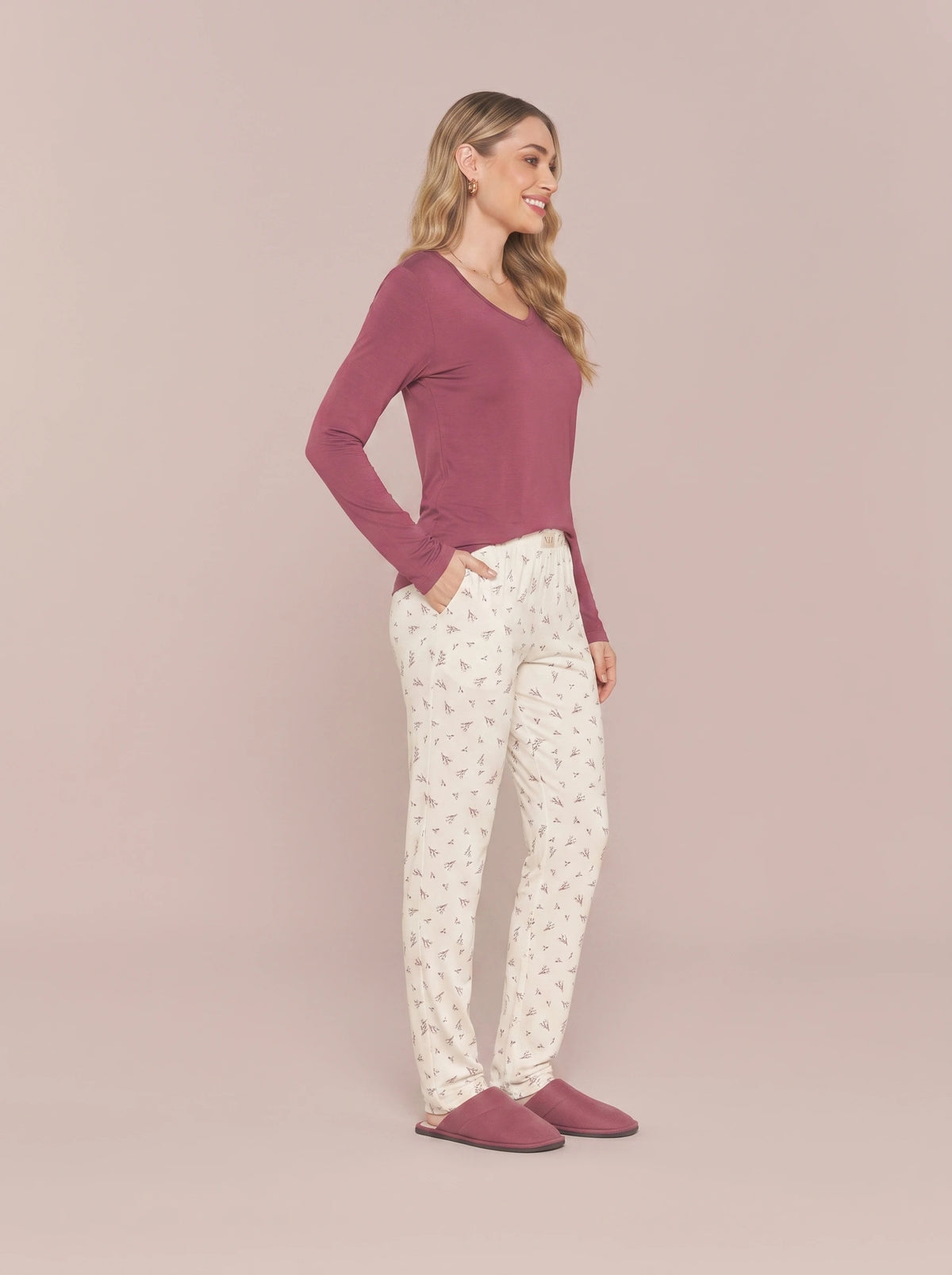 Pijama Longo Feminino Viscolycra Bordo/floral
