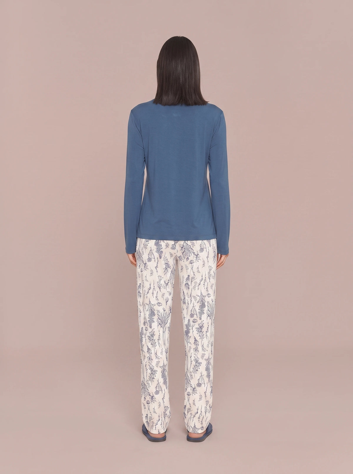 Pijama Longo Camisaria Viscolycra Floral Azul/Off