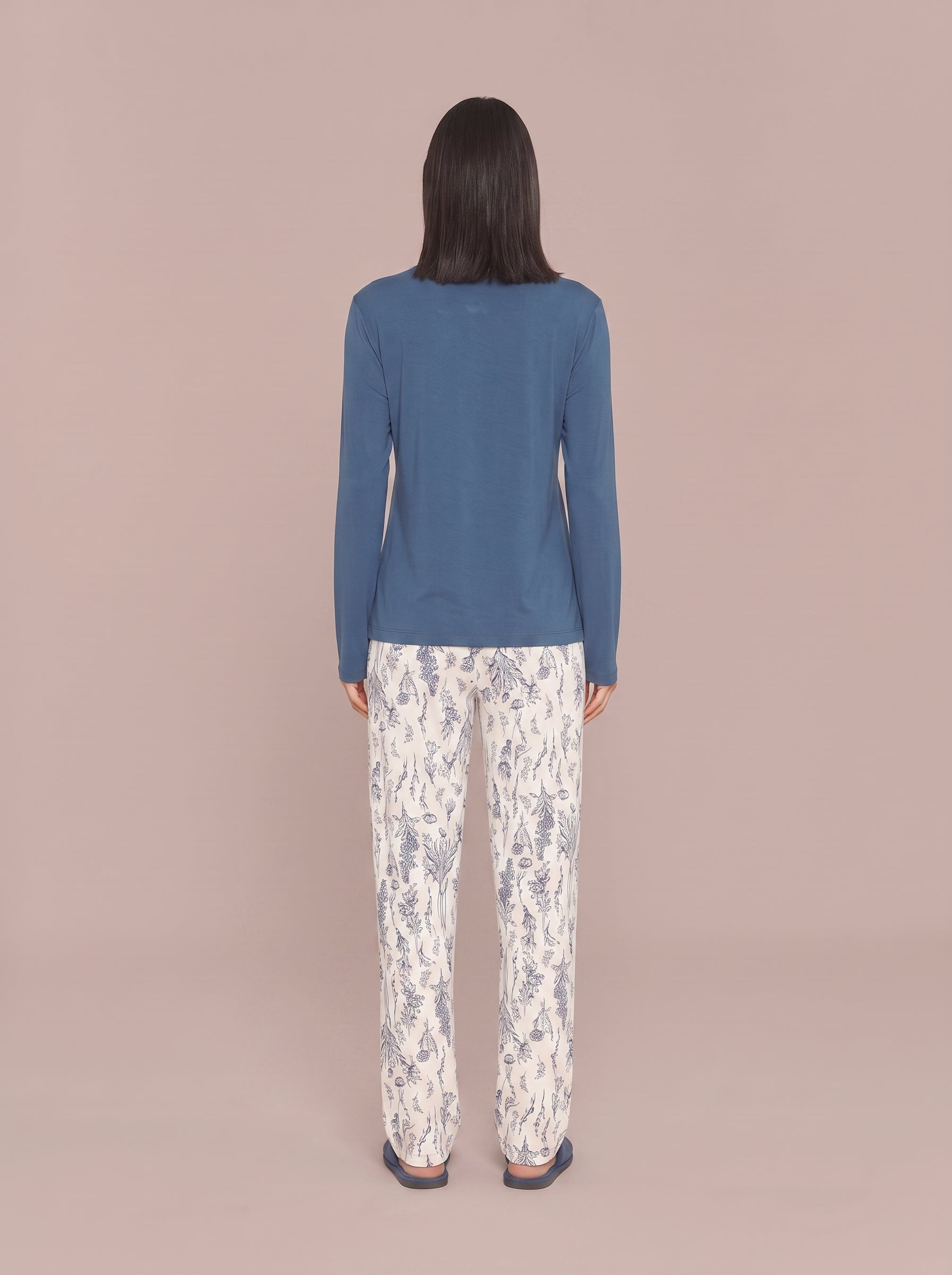 Pijama Longo Camisaria Viscolycra Floral Azul/Off