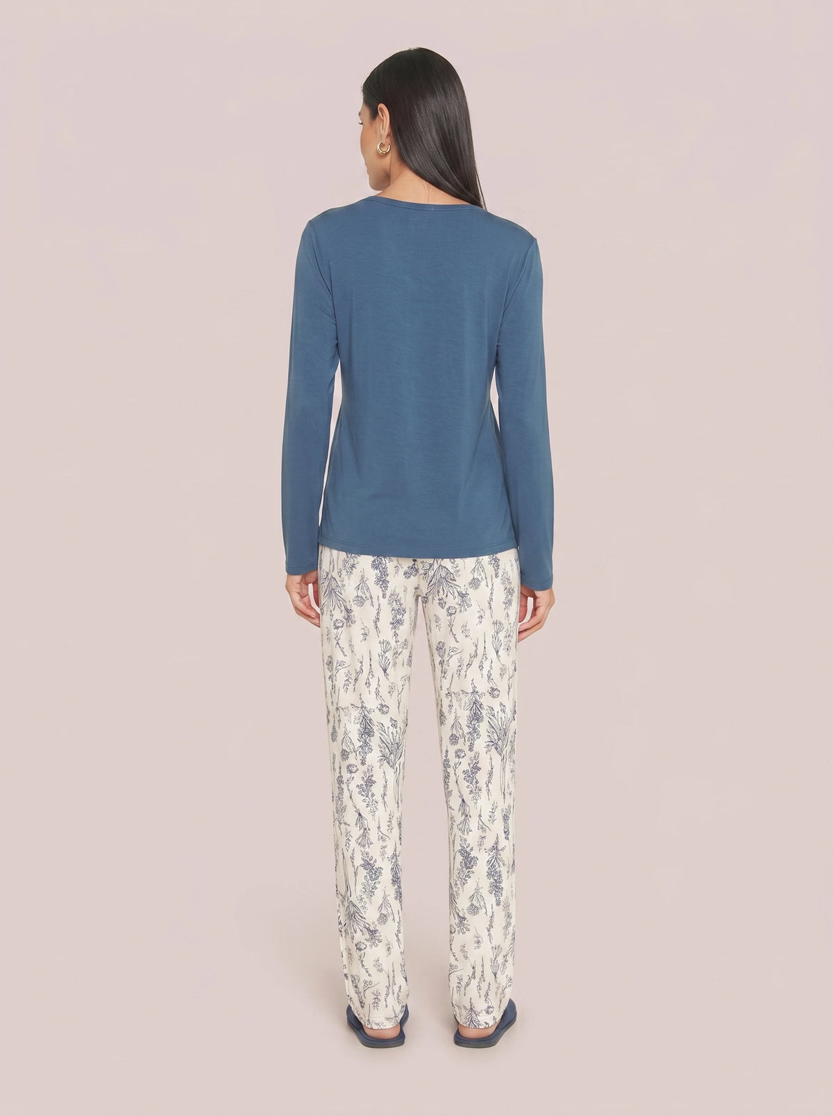 Pijama Longo Viscolycra Floral Azul/Off