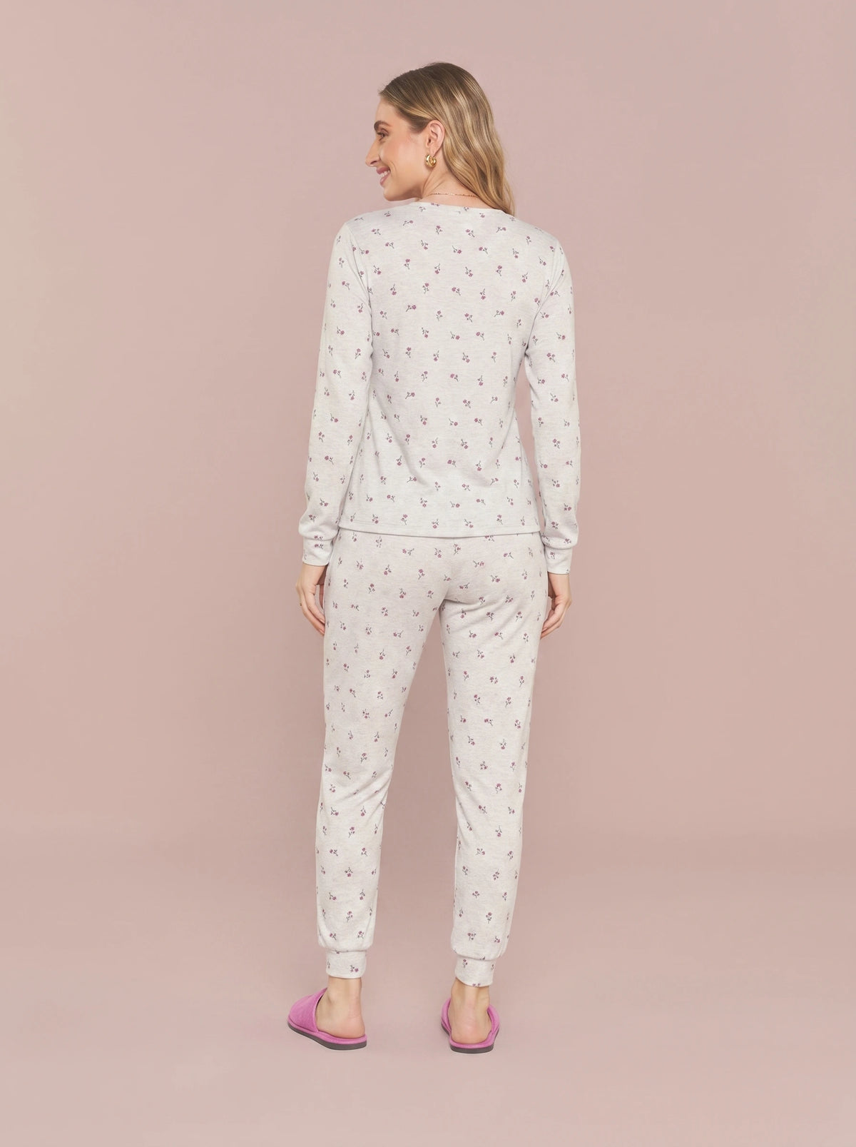 Pijama Longo Feminino Ribana Canelada Floral