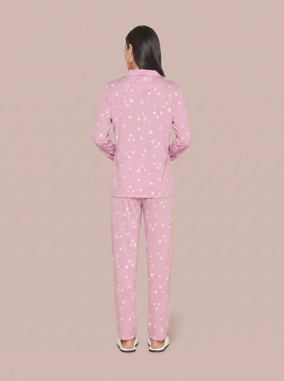 Pijama Longo Camisaria Viscolycra Coração Rosa/Branco