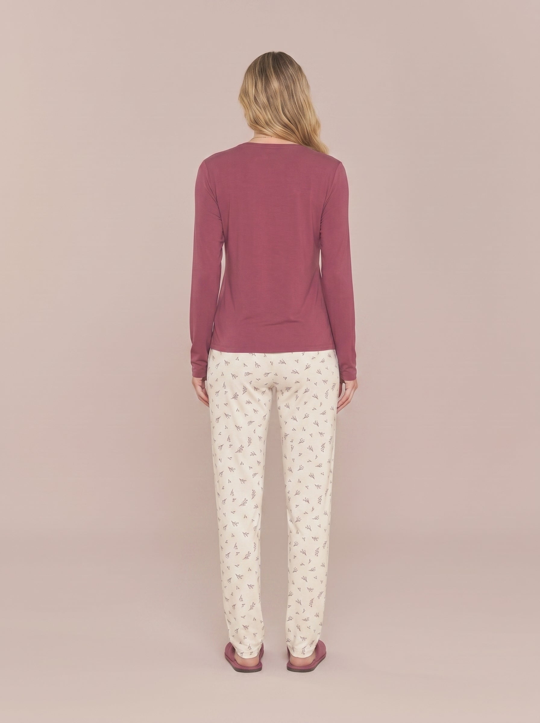 Pijama Longo Feminino Viscolycra Bordo/floral