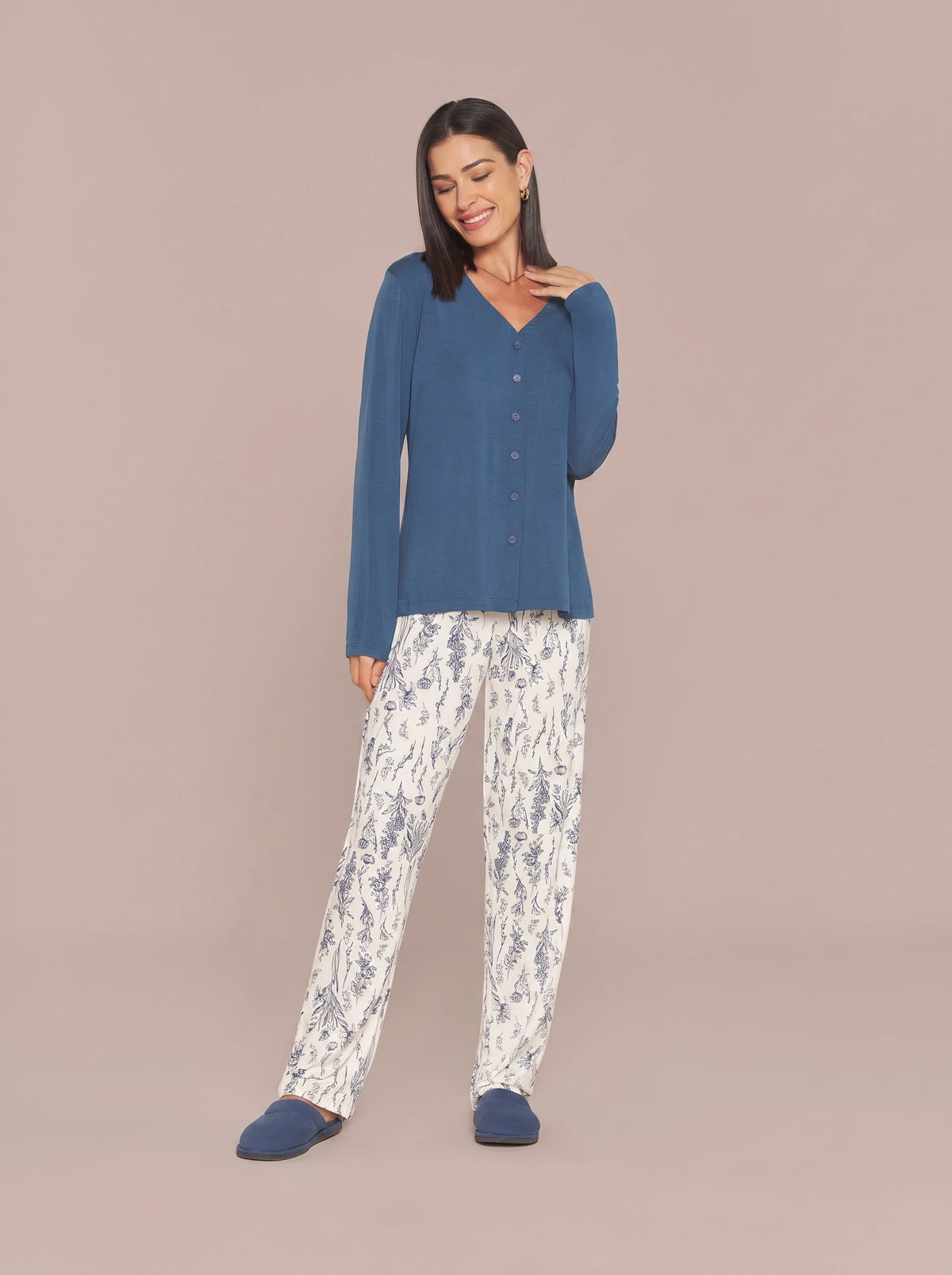 Pijama Longo Camisaria Viscolycra Floral Azul/Off