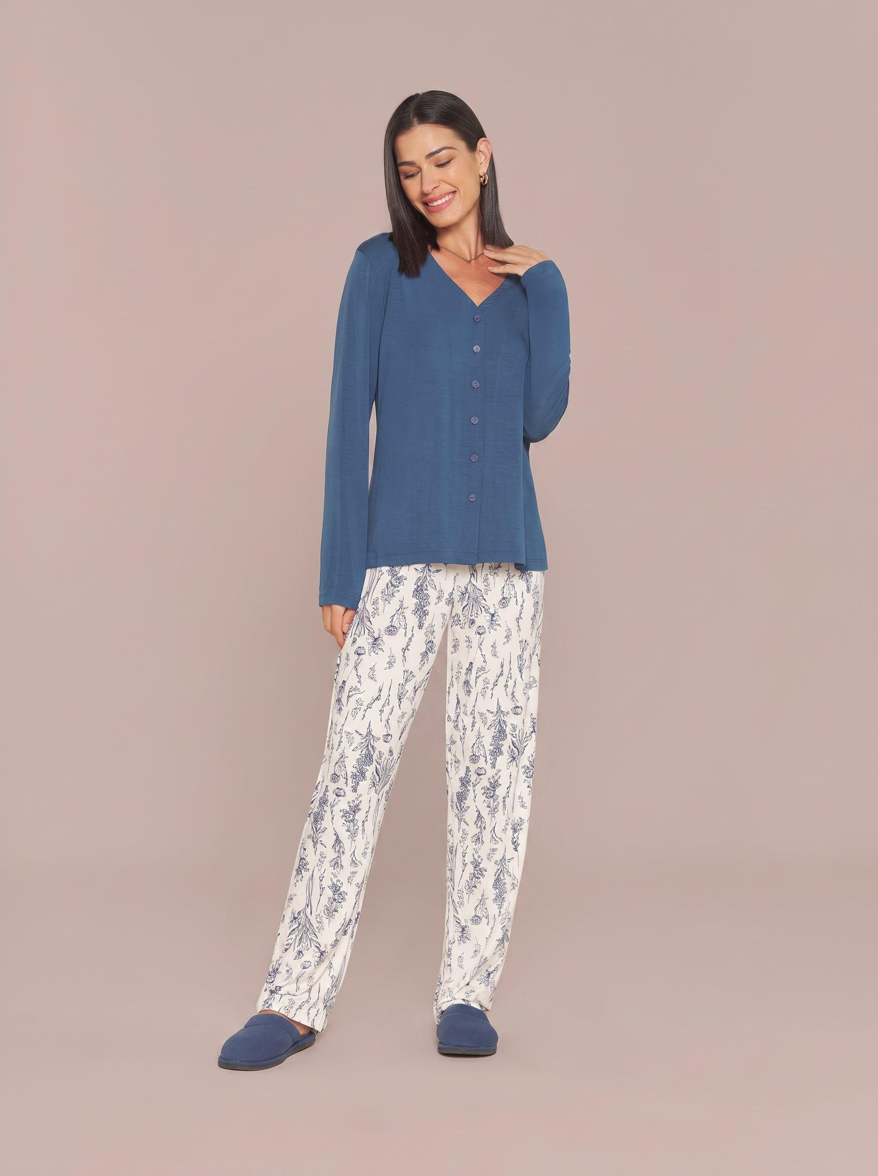 Pijama Longo Camisaria Viscolycra Floral Azul/Off